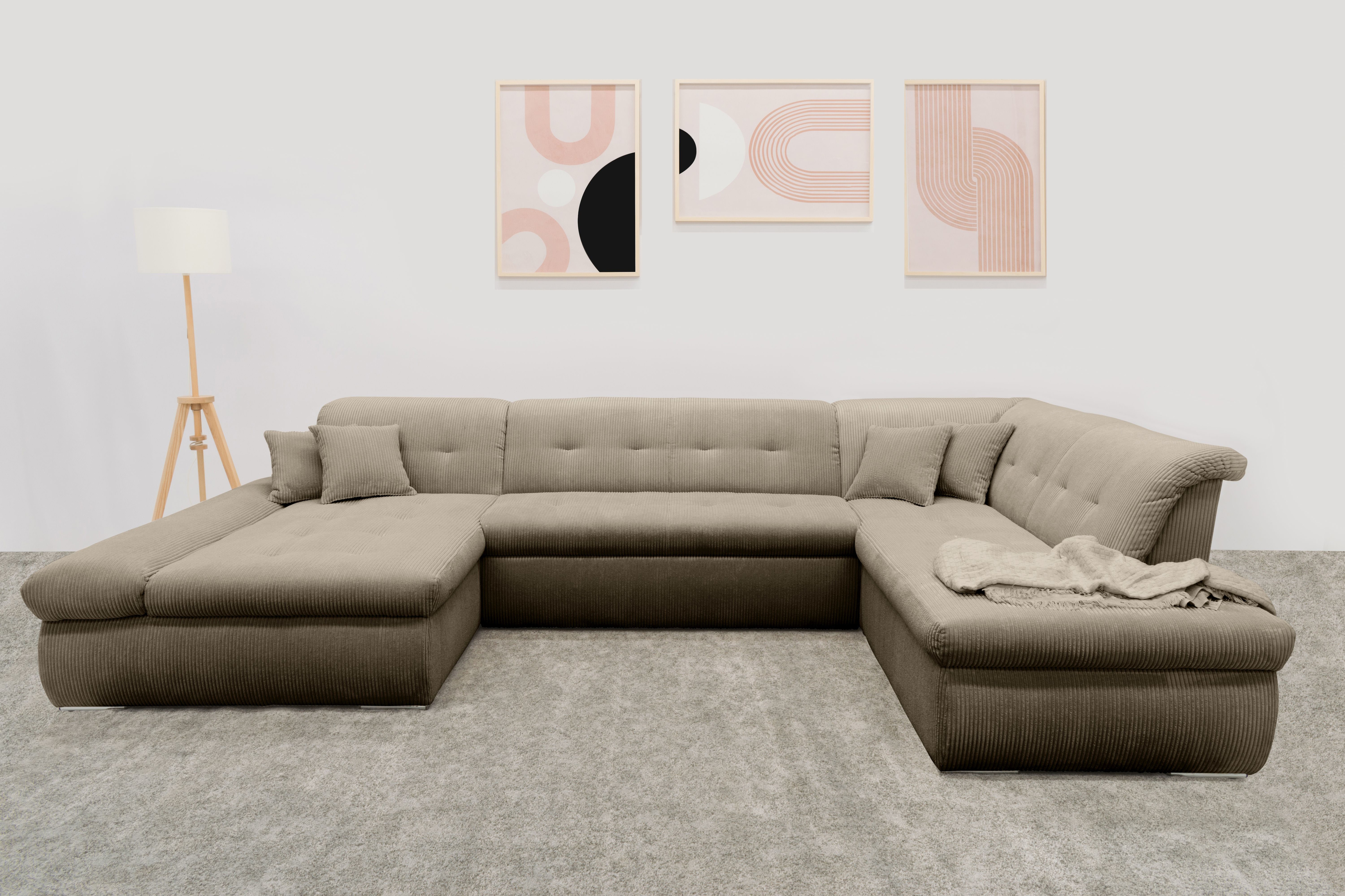 DOMO collection Wohnlandschaft "MORIC 353x216x80 cm, mit viel Platz, U-Form, auch in Cord" im XXL-Format, wahlweise mit Bettfunktion und Armlehnenverstellung