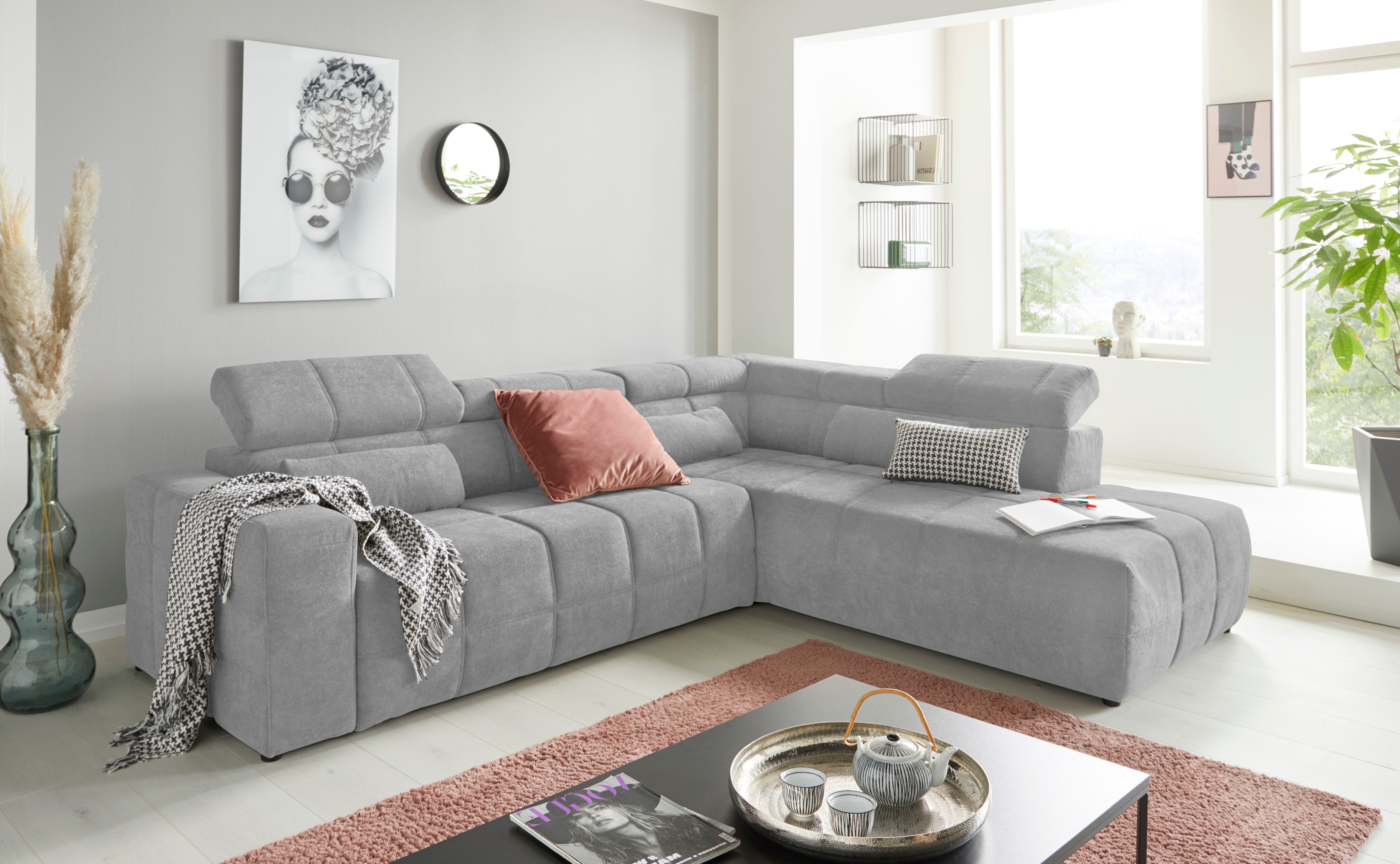 DOMO collection Ecksofa "BRANDON bequem, Breite 275cm, L-Form, auch in Leder" inklusive Kopfteilverstellung, wahlweise mit Sitztiefenverstellung
