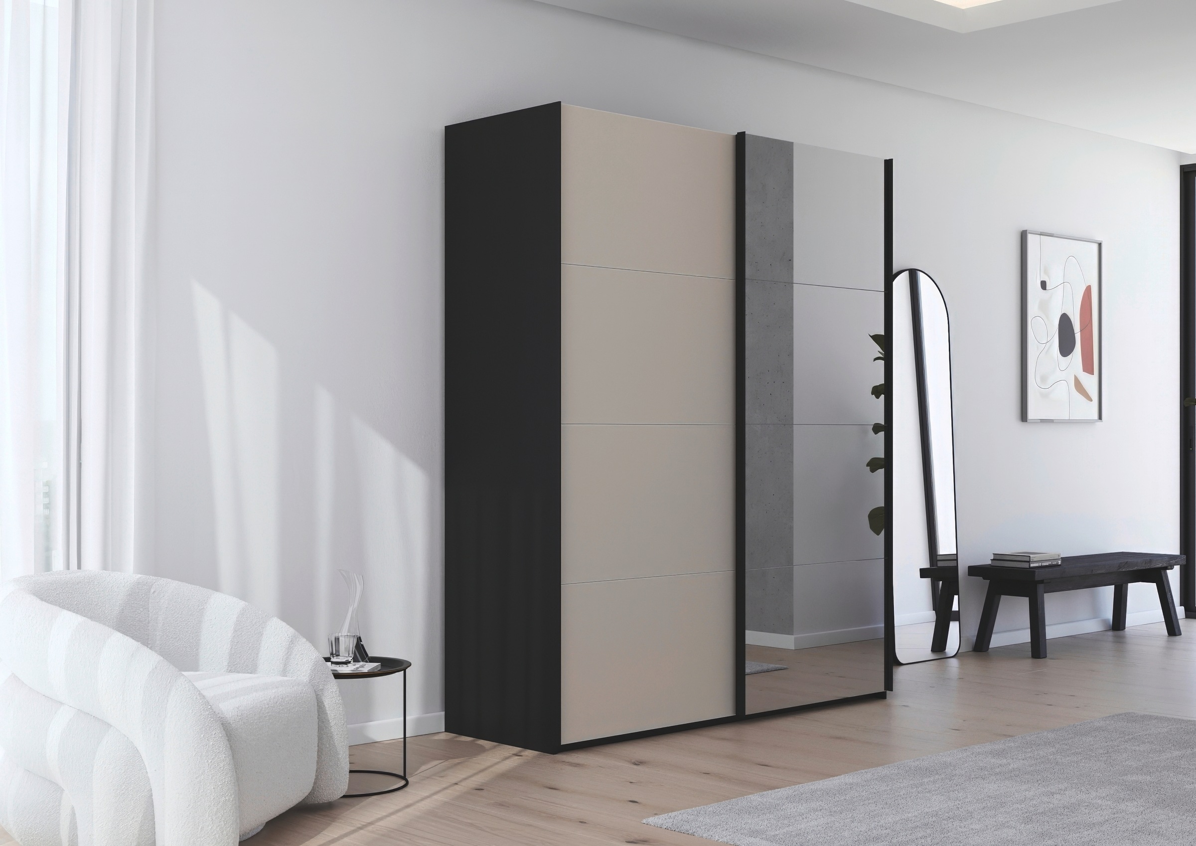 rauch Schwebetürenschrank »Kleiderschrank Schrank Garderobe Schlafzimmerschrank SCALE-FYRA«, edle viergeteilte Türen Spiegel/Glas-Mix viele Farben MADE IN GERMANY