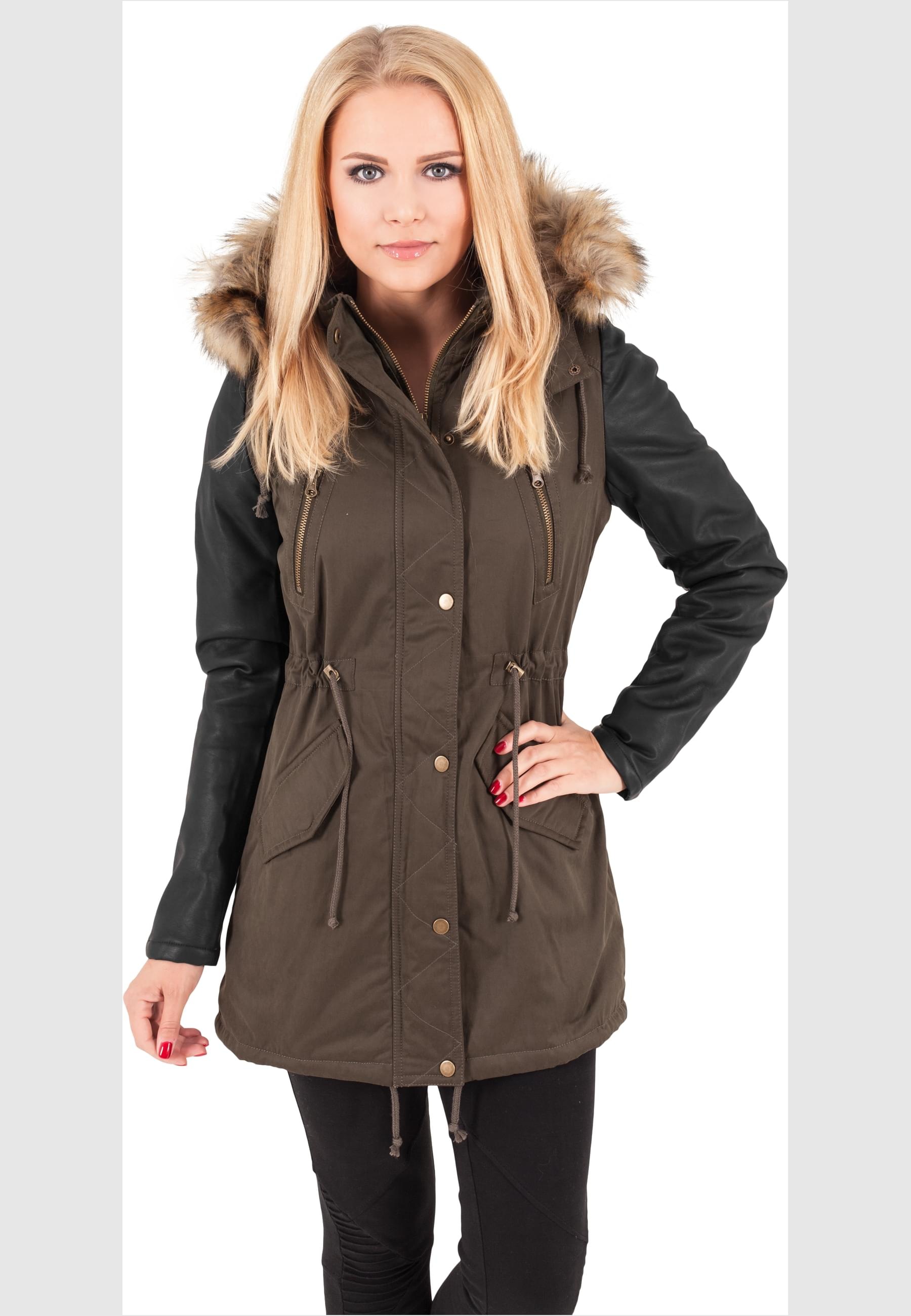 URBAN CLASSICS Parka »Urban Classics Damen Ladies Synthetic Leather Sleeve Parka«, (1 St.), mit Kapuze