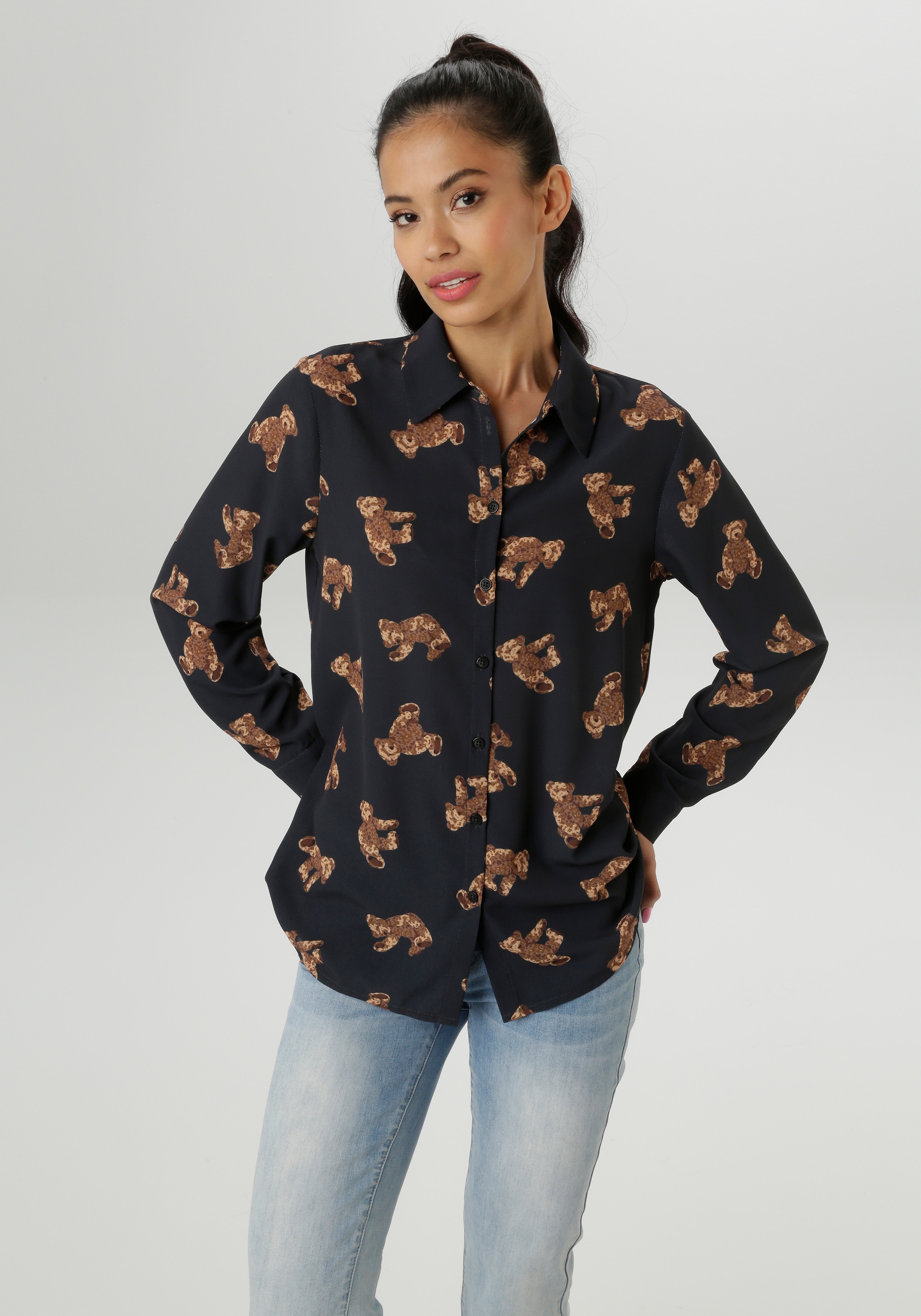 Aniston SELECTED Hemdbluse, mit trendigen Teddybärchen bedruckt - NEUE KOLL günstig online kaufen