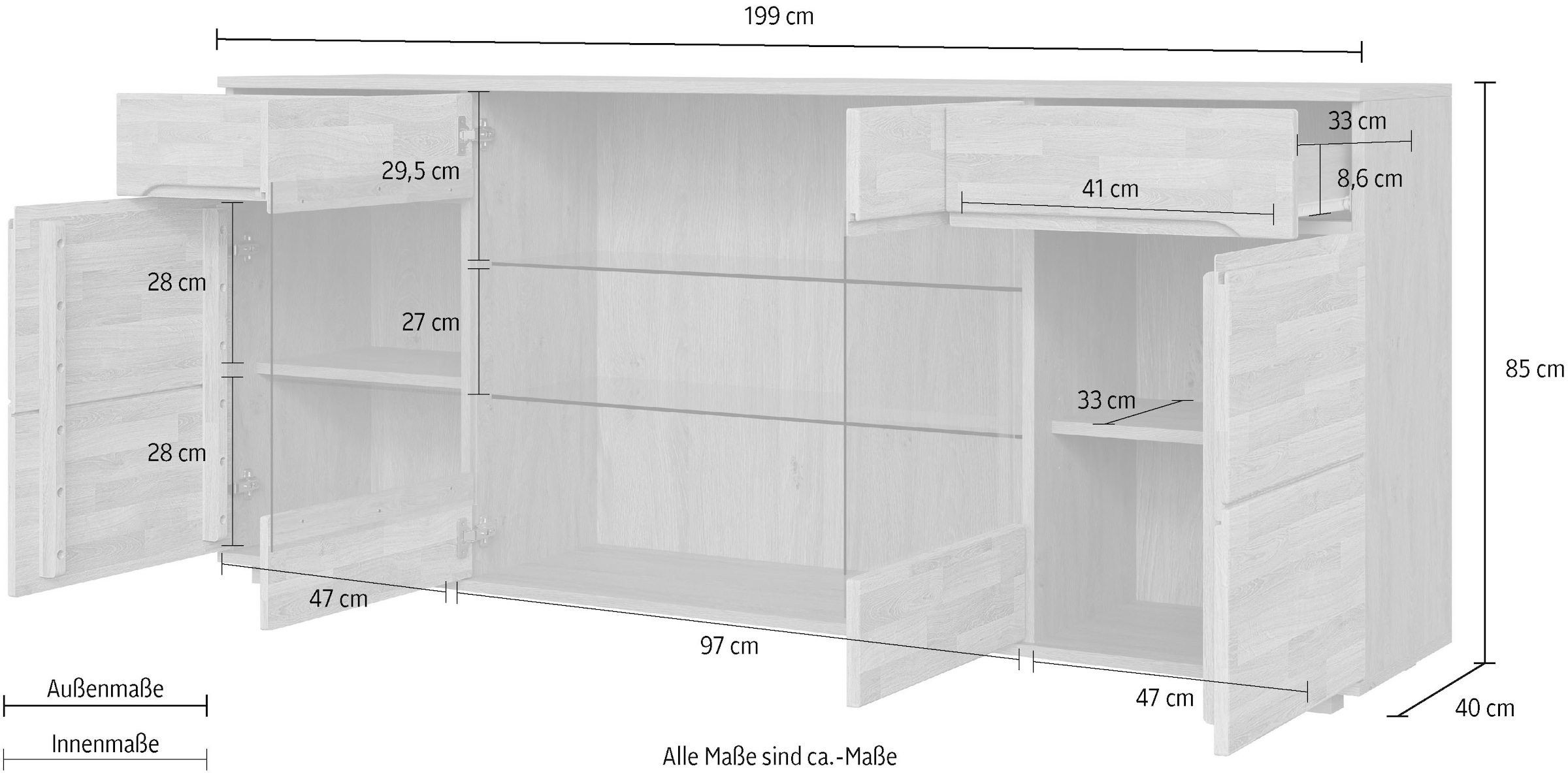 OTTO home Sideboard »VETRO Teilmassiv, Fronten Massivholz, Wohnzimmer, Stauraum,Griffmulde« B/T/H:199/40/85cm, 2 Schubladen,  7Fächer