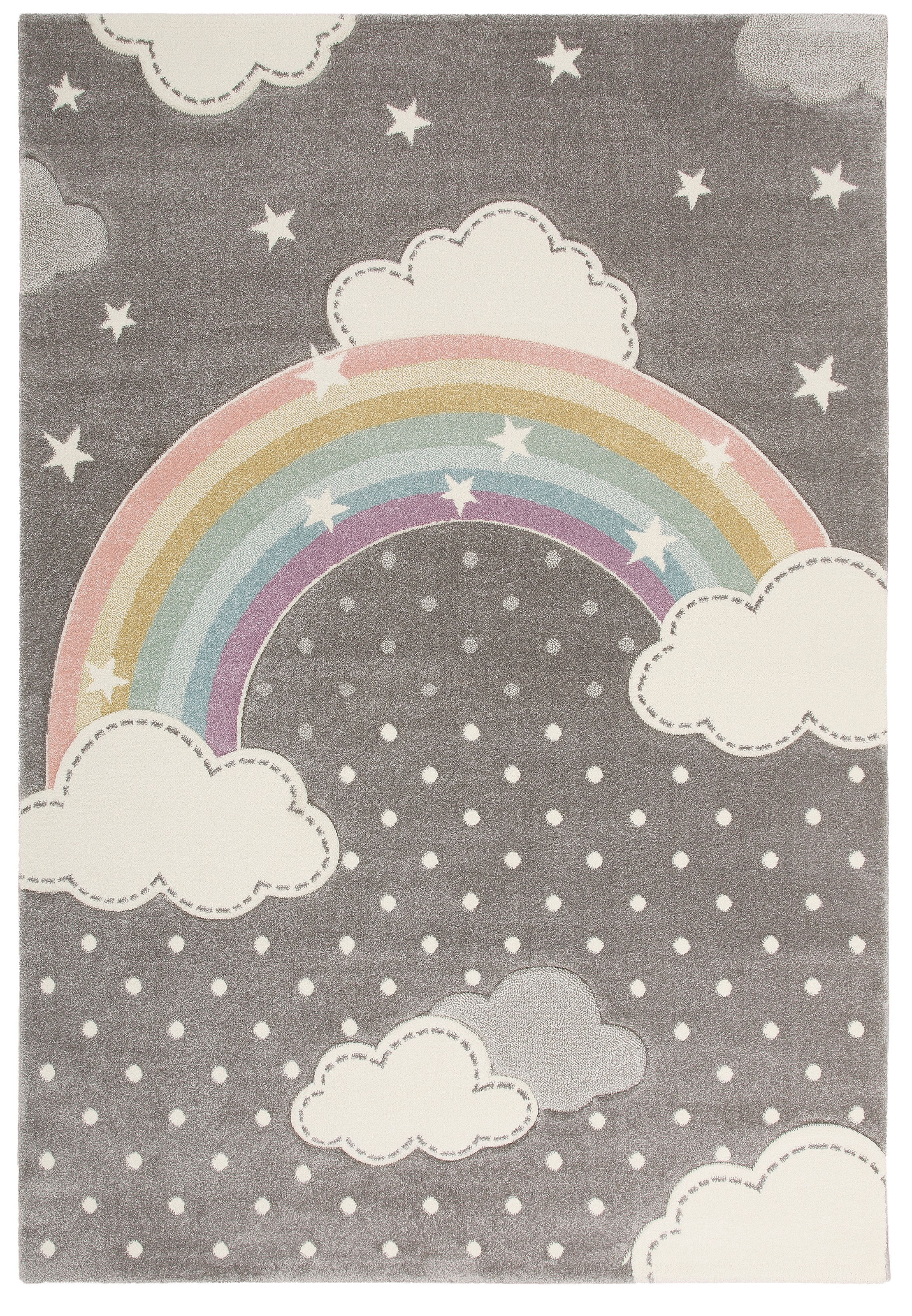 Lüttenhütt Kinderteppich »Regenbogen«, rechteckig, 13 mm Höhe, Kurzflor, Hoch-Tief-Struktur, Wolken, Punkte, Sterne, Pastell-Farben