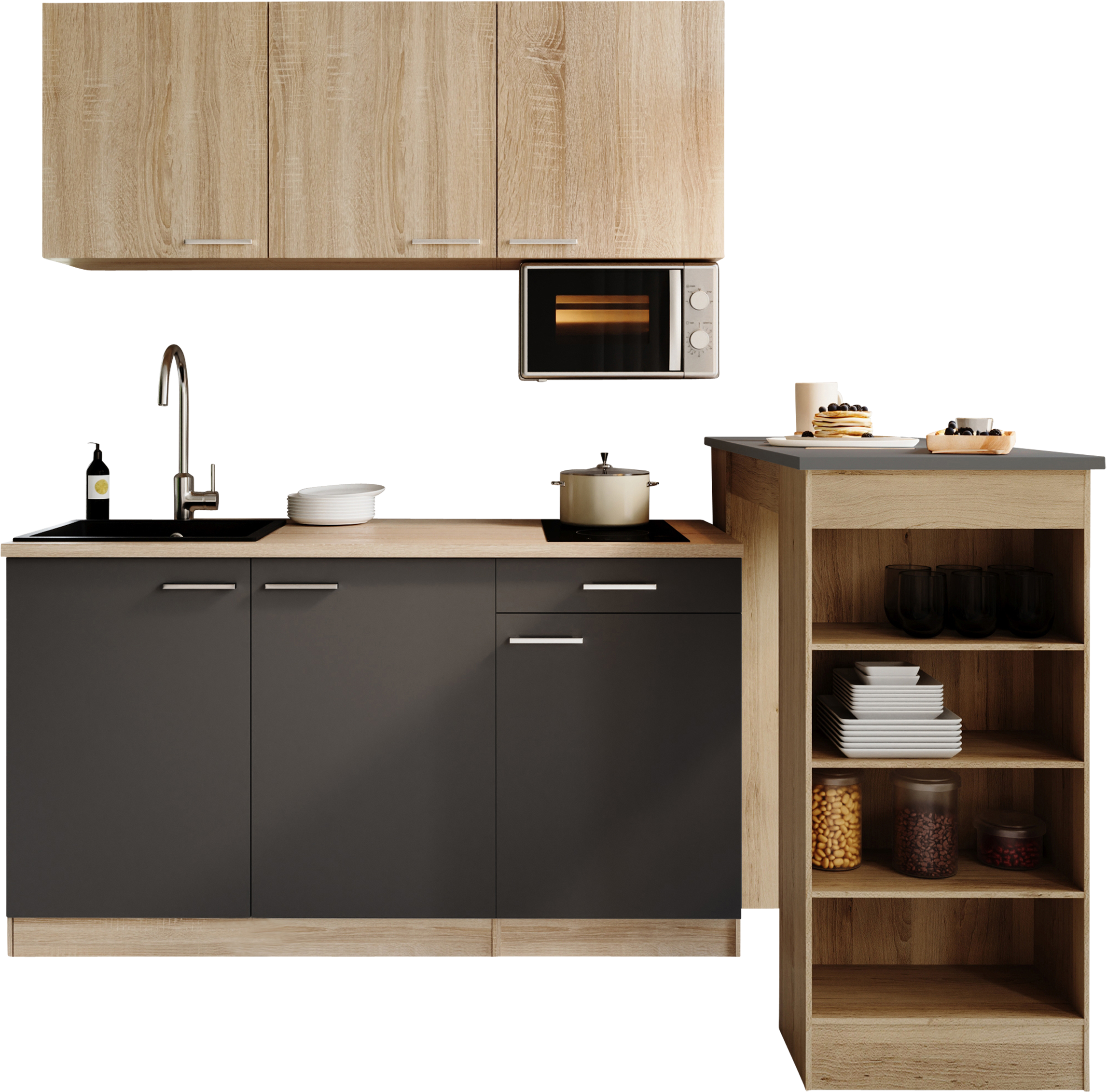 RESPEKTA Pantryküche "Ingrid, inkl. Tresentisch und Mikrowelle" zerlegt, wahlweise mit Kühlschrank, Soft-Close-Funktion, Breite 150 cm