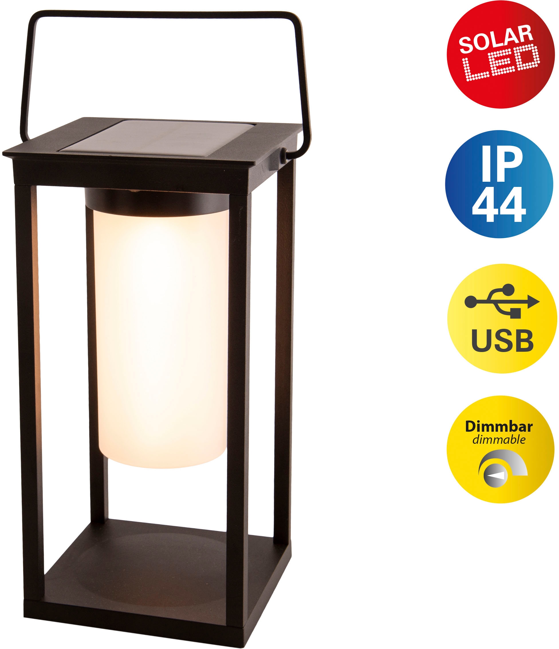 näve LED Solarleuchte "Camping" LED-Modul 1 Stk. Warmweiß mit Henkel, 2 Helligkeitsstufen per Touch, USB Ladeanschluss, schwarz