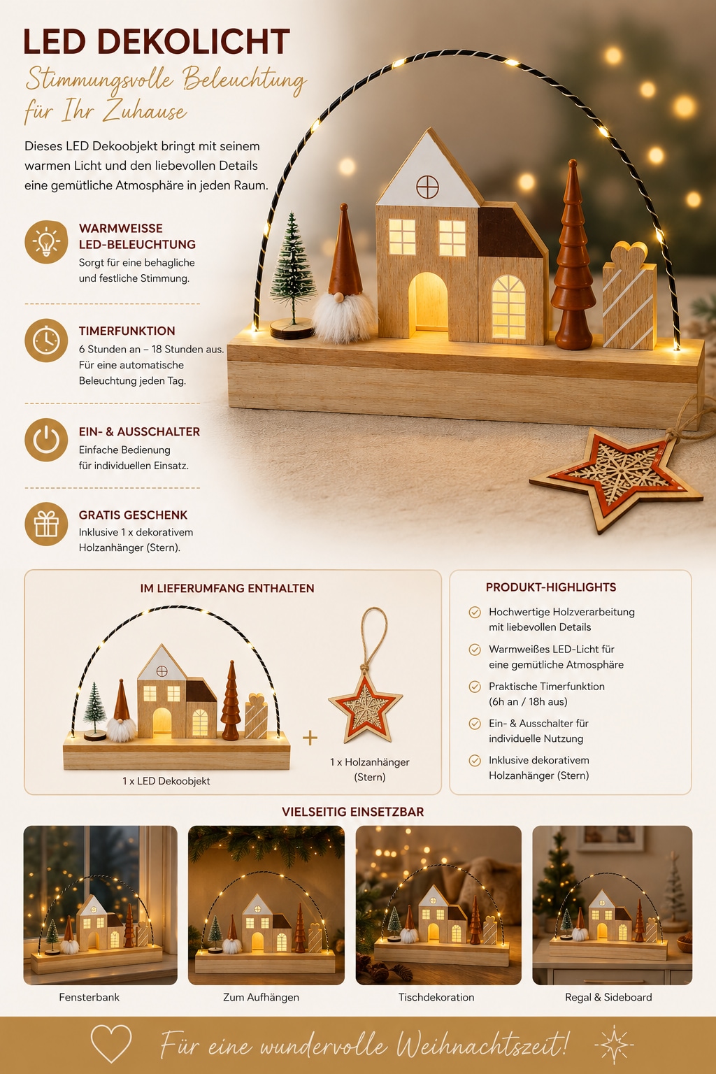 OTTO home LED Dekoobjekt »Holzdekoration Weihnachten, 1 Stück« 1 Stk. Warmweiß Gratis-Hänger, 6h-Timer, 20 cm Hoch