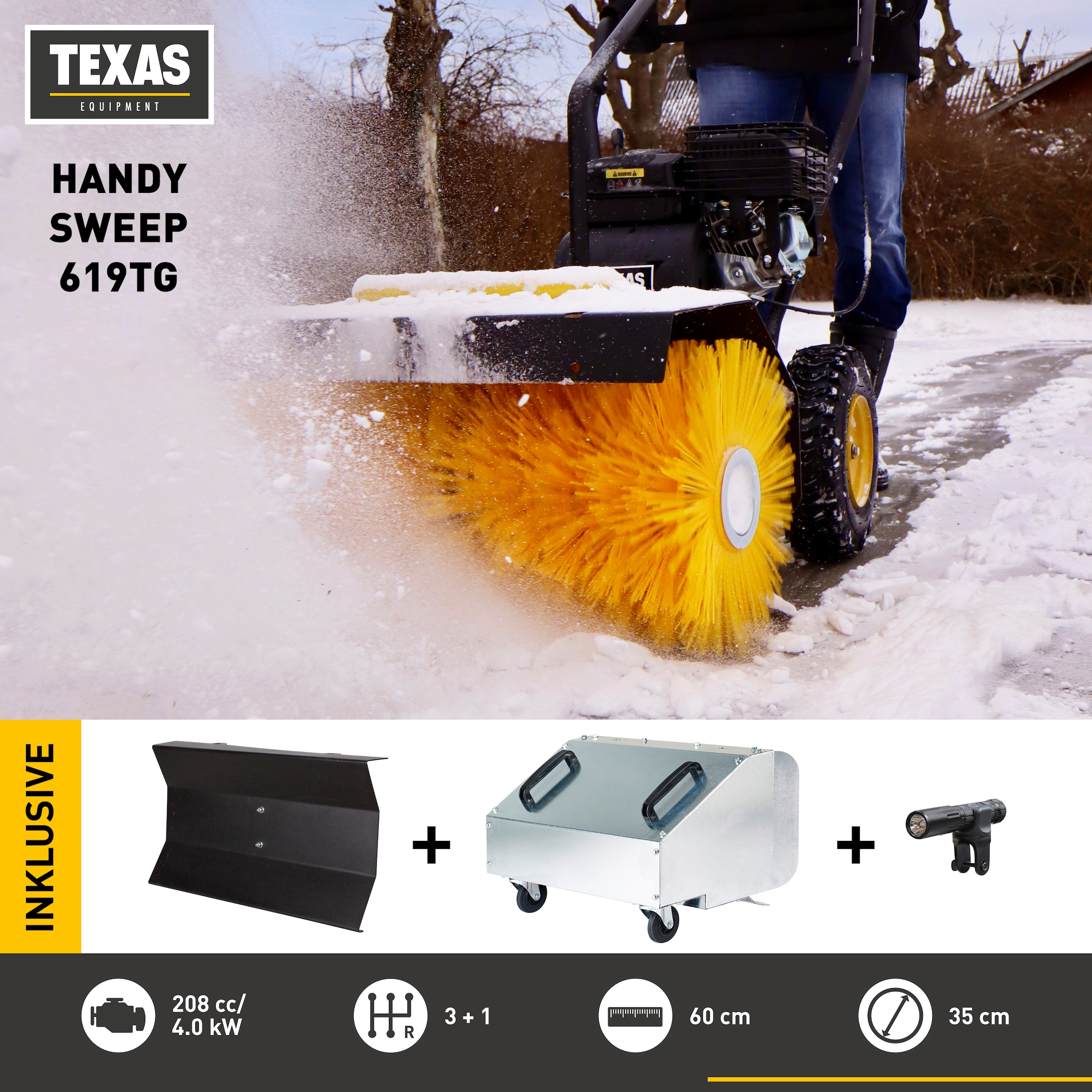 Texas Benzin-Kehrmaschine »Handy Sweep 619 TG«, (Set), inkl. Fangkorb, Schaberklinge und LED-Leuchte mit Halterung