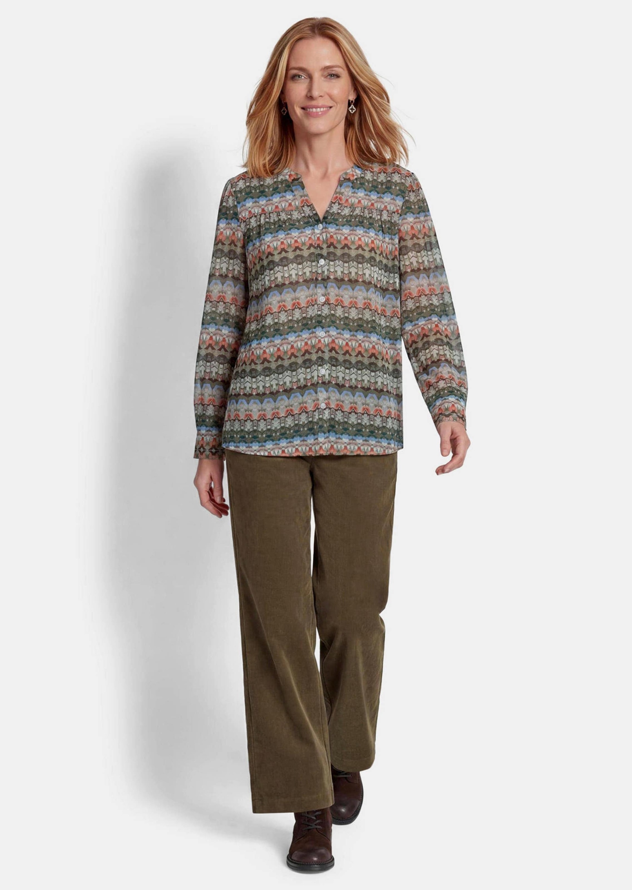 GOLDNER Druckbluse »Kurzgröße Feminine Bluse im Country-Stil« Sattel im Vorder und Rückteil