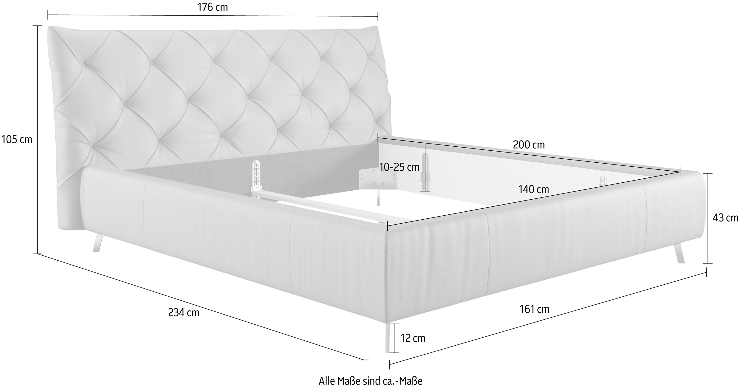 Leonique Polsterbett »Elloree, in 4 Breiten bis 200cm, auch in Leder«, Kopfteilhöhe 105 cm, belastbar bis 280 kg, auch in Überlänge 220cm