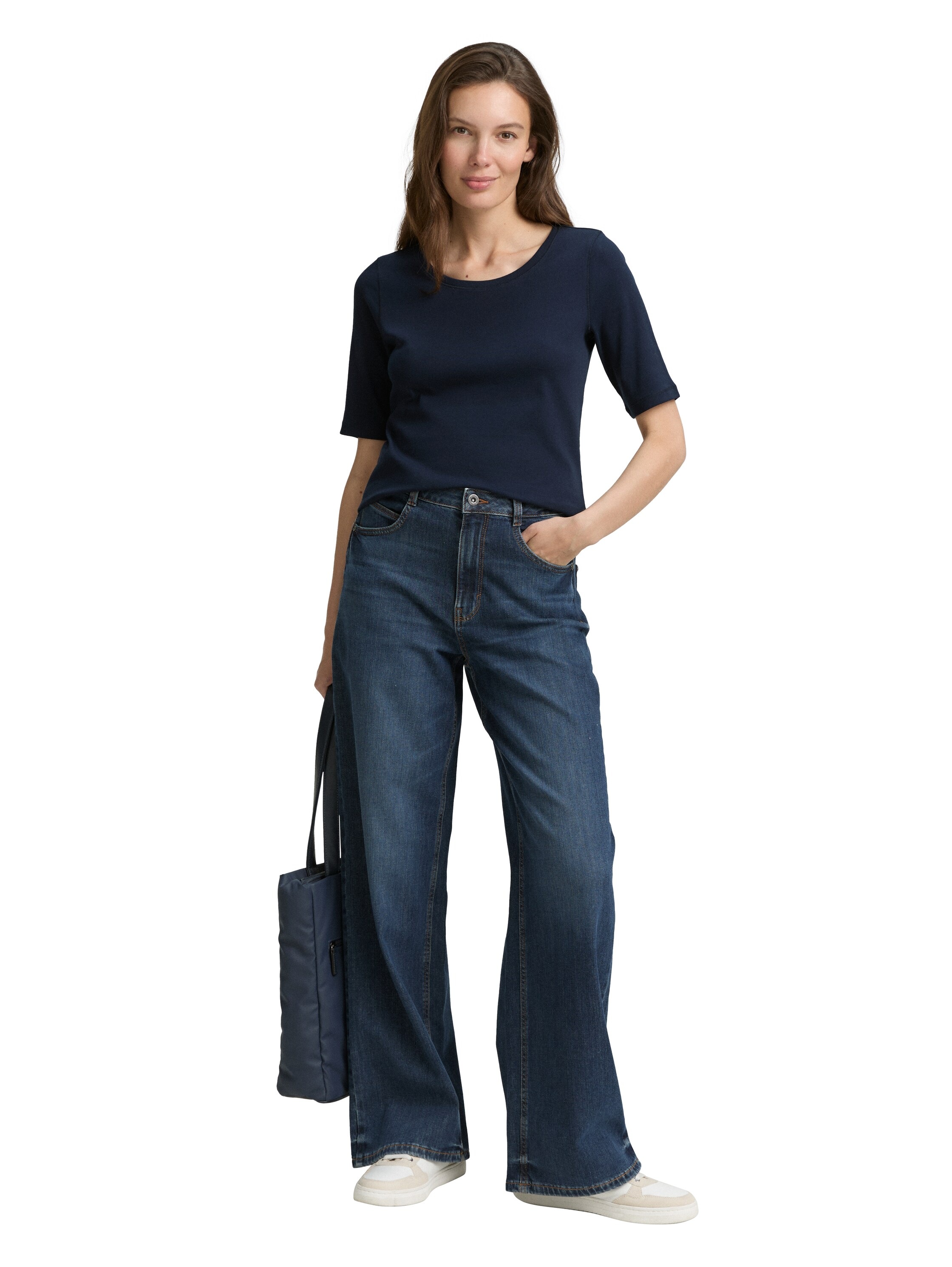 T-Shirt TOM TAILOR, Damen, Gr. XXL, blau (sky captain blau), Jersey, Obermaterial: 97% Baumwolle, 3% Elasthan, unifarben, normal hüftbedeckend, Rundhals, Shirts T-Shirt, mit großem Rundhalsausschnitt 3