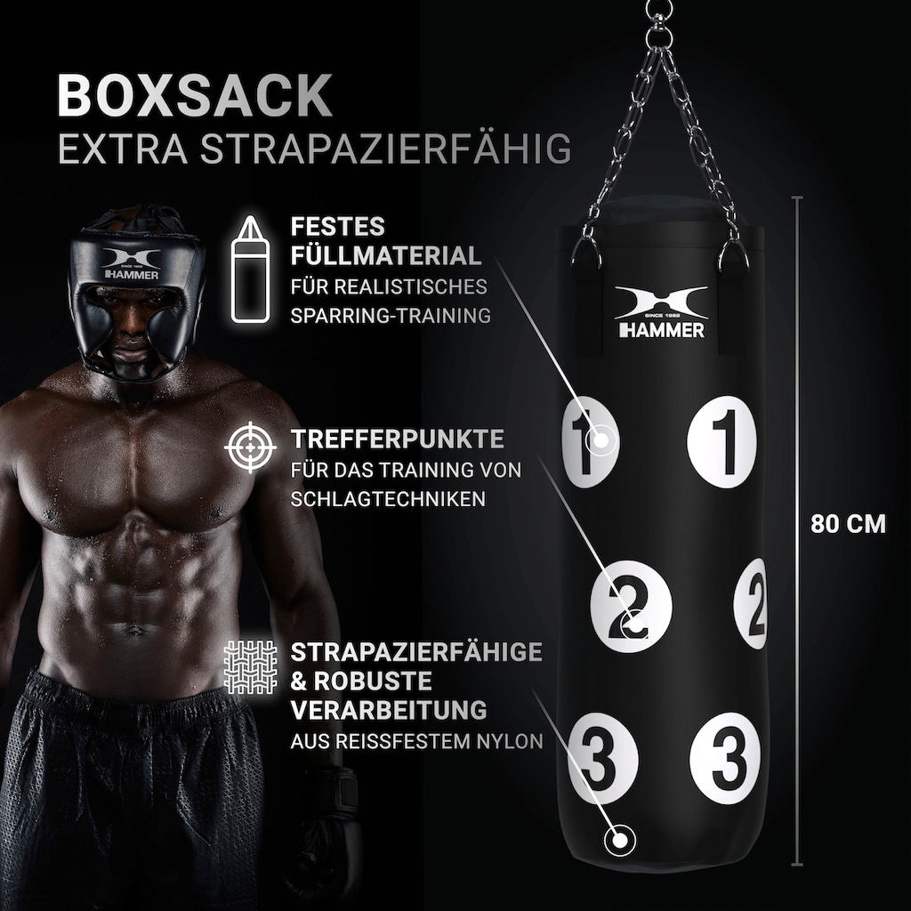 Hammer Boxsack »Sparring Professional«, (Set, mit Trainings-DVD-mit Boxhandschuhen-mit Sprungseil-mit Haken)