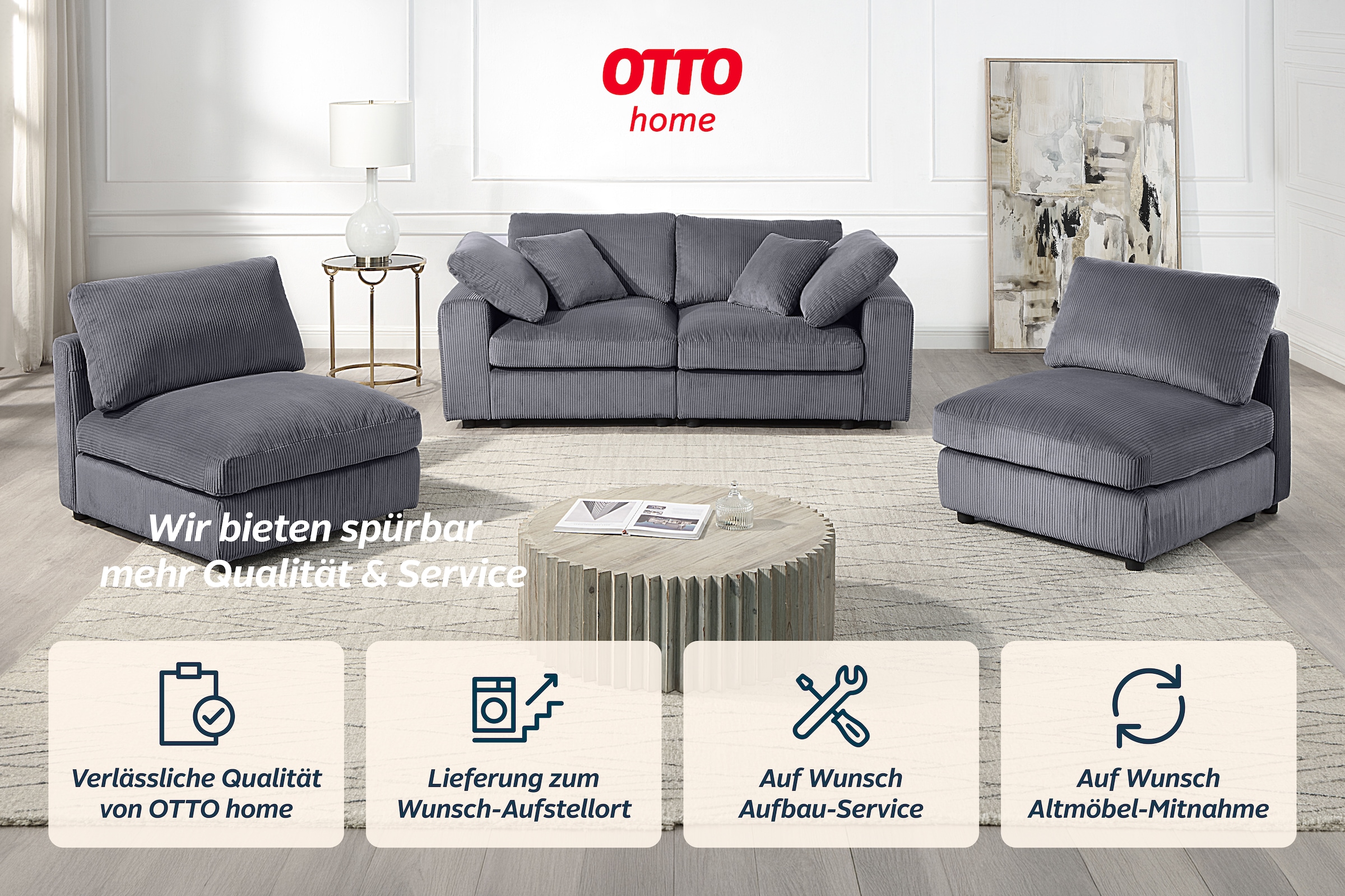 OTTO home 4-Sitzer »Berny, individuell stellbar, modular-Sofa« inklusive 2 großen & 2 kleinen Zierkissen im flauschigen Cord