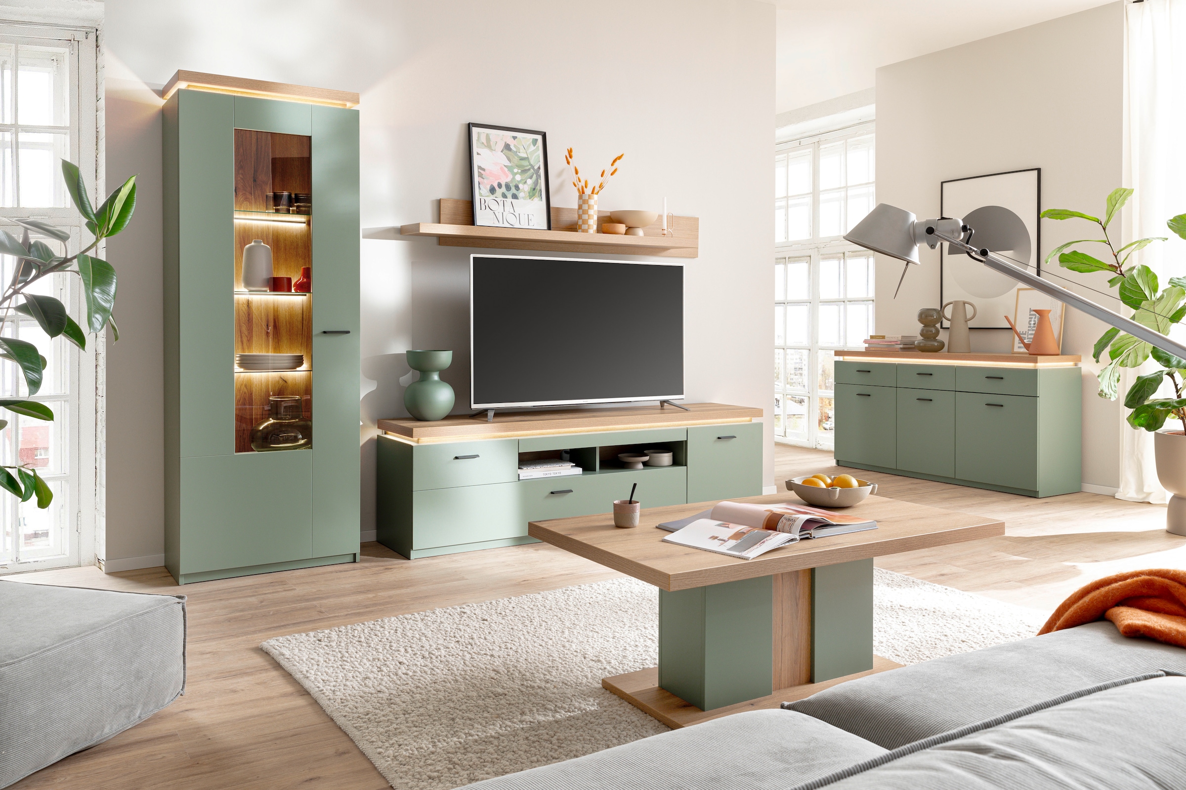 MCA furniture Couchtisch »Moniz Couchtisch mit Bodenplatte«, (1 St.), Wohnzimmertisch,Eiche,Salbeigrün,mit Säule,belastbar 50kg,Breite 115cm