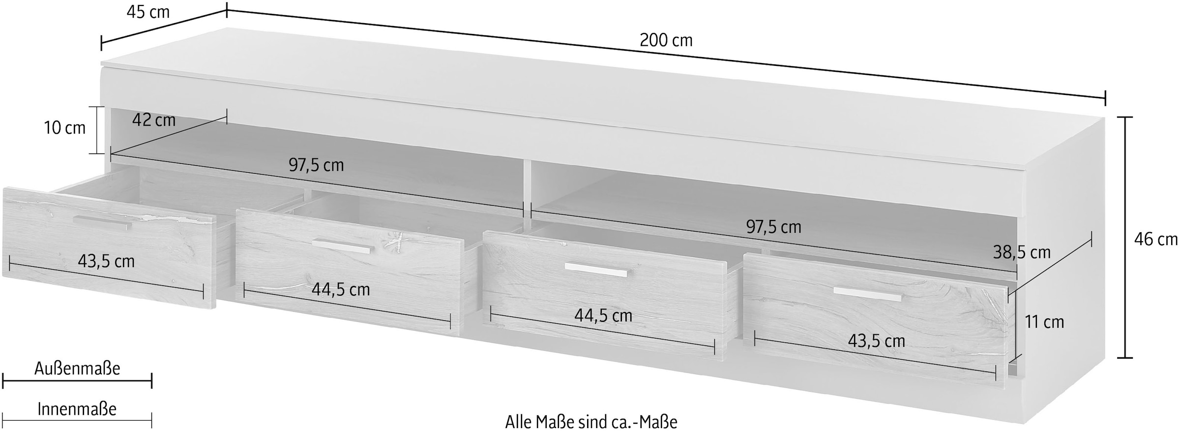 INOSIGN Lowboard »SCARA«, mit Applikation Zinneiche Dekor, Breite 200 cm, mit Softclose-Funktion