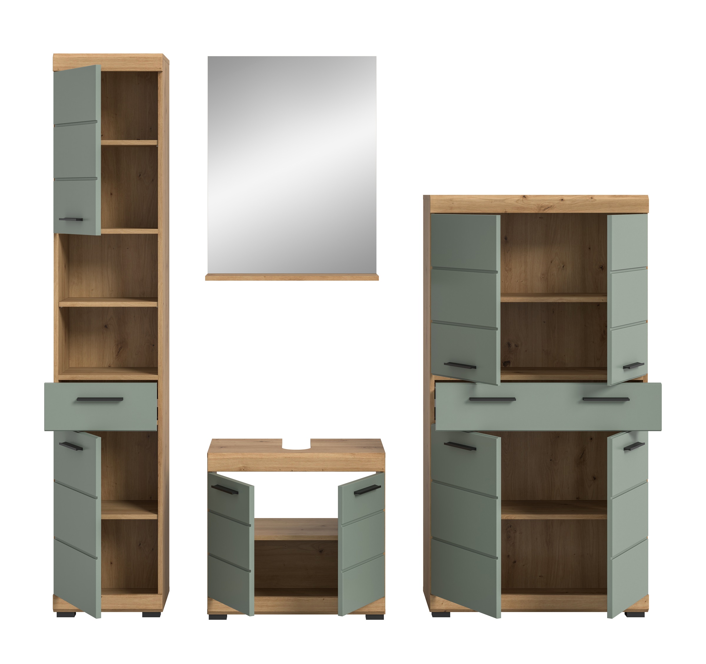 INOSIGN Badmöbel-Set »Siena, 4 teilig, bestehend aus:«, (Set), Hochschrank, Waschbeckenunterschrank, Badspiegel, Midischrank