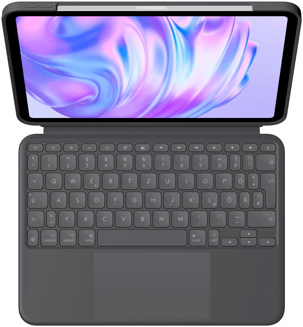 Logitech Tablet-Tastatur »Combo Touch«, (Angenehmes Tippen-verstellbare Füße-ausklappbare Füße-Touchpad-Schutzhülle-iOS Sondertasten-Multimedia-Tasten-Lautstärkeregler-Handgelenkauflage)