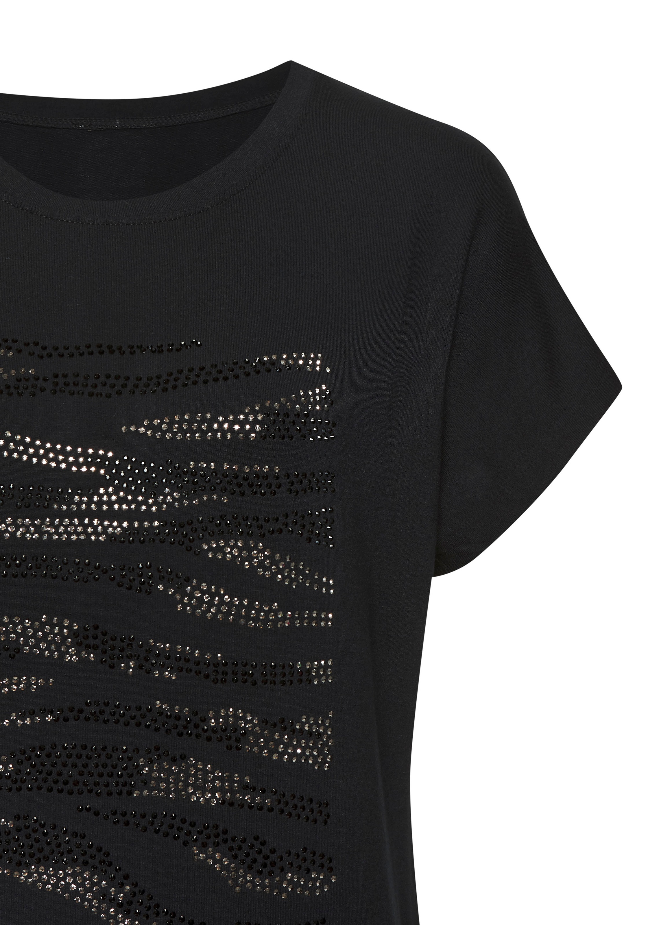 Rundhalsshirt LASCANA "mit Strass-Dessin", Damen, Gr. 32/34, silber (schwarz, silber), Single Jersey, Obermaterial: 95% Viskose (LENZING™ ECOVERO™), 5% Elasthan, Glitzermuster, unifarben mit Farbeinsatz, bequem, Rundhals, Shirts Rundhalsshirt, aus hochwer 3