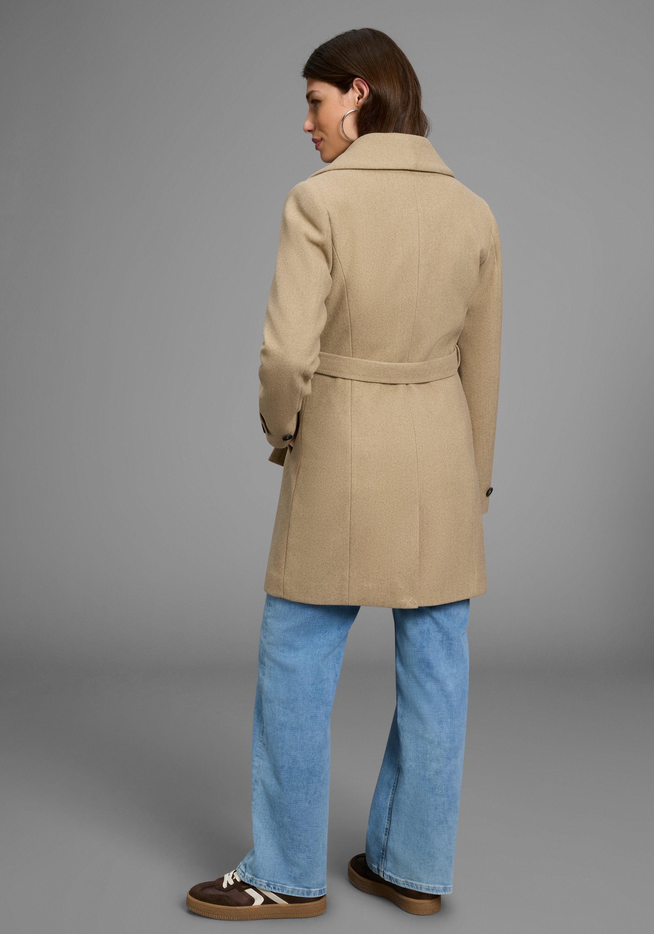 Wollmantel LAURA SCOTT, Damen, Gr. 42, beige (beige mélange), Web, Obermaterial: 100% Polyester. Futter: 100% Polyester, meliert, unifarben, figurumspielend hüftbedeckend, ohne Ausschnitt, mit Riegel,verstellbar mit Knöpfen, Mäntel, mit Reverskragen und G 3