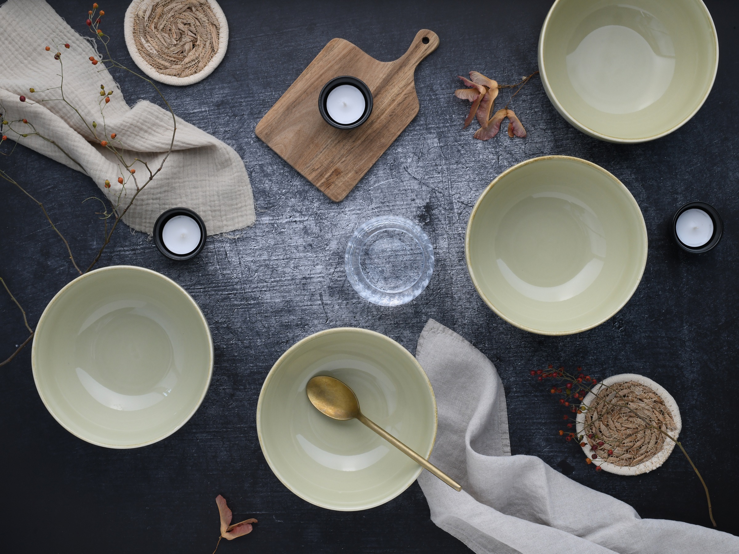CreaTable Schale »Nature Collection, Buddha Bowl 4-tlg«, 4 tlg., aus Steinzeug, Handwerklicher Look, Vintage, Höhe 7,5 cm
