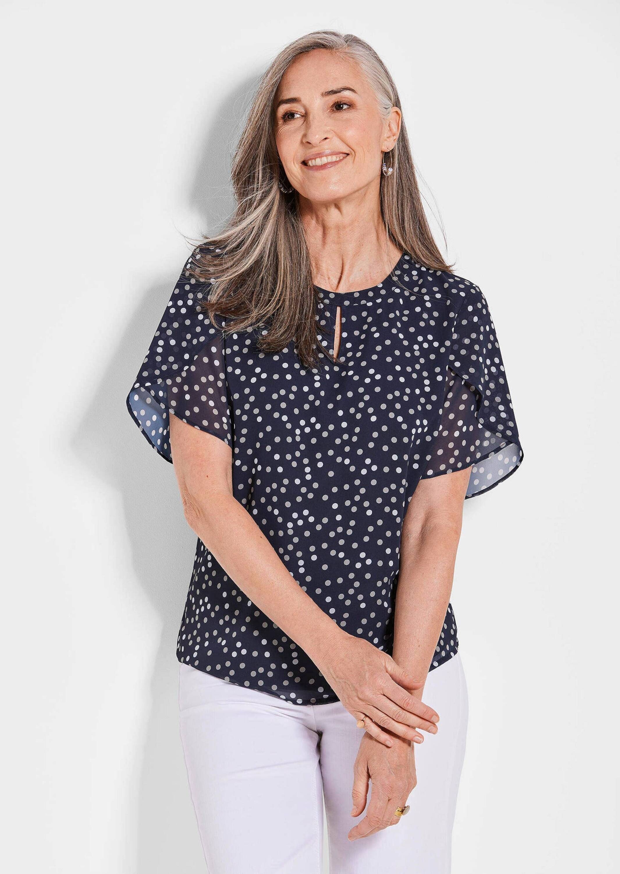 GOLDNER Kurzarmbluse "Kurzgröße Chiffonbluse Damen mit Tupfen-Alloverprint günstig online kaufen