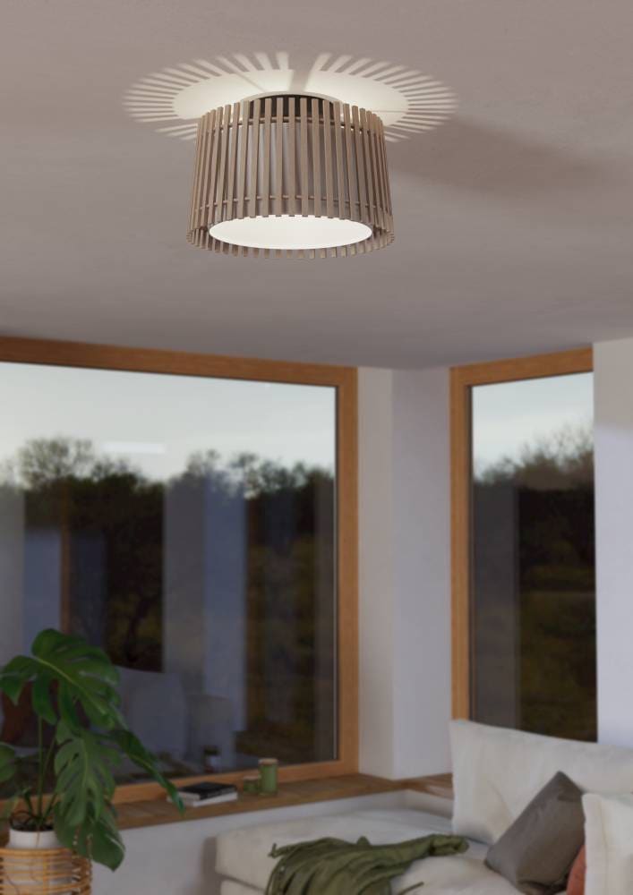 EGLO Deckenleuchte "FATTORIA", 1, Ø 38cm H: 24cm, 1 Stk., schwarz, Wohnzimmer, Leuchten, Deckenleuchte, Holz, Textil in weiß, Lampe Decke, E27