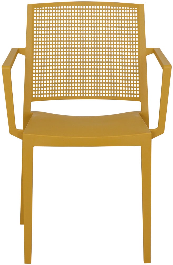 Siena Garden Gartensessel »Square Sessel mustard 2er Set mit Tisch« Set, 2 Stk. tlg. 2 x Stapelsessel + Tisch Sola Ø 80 cm