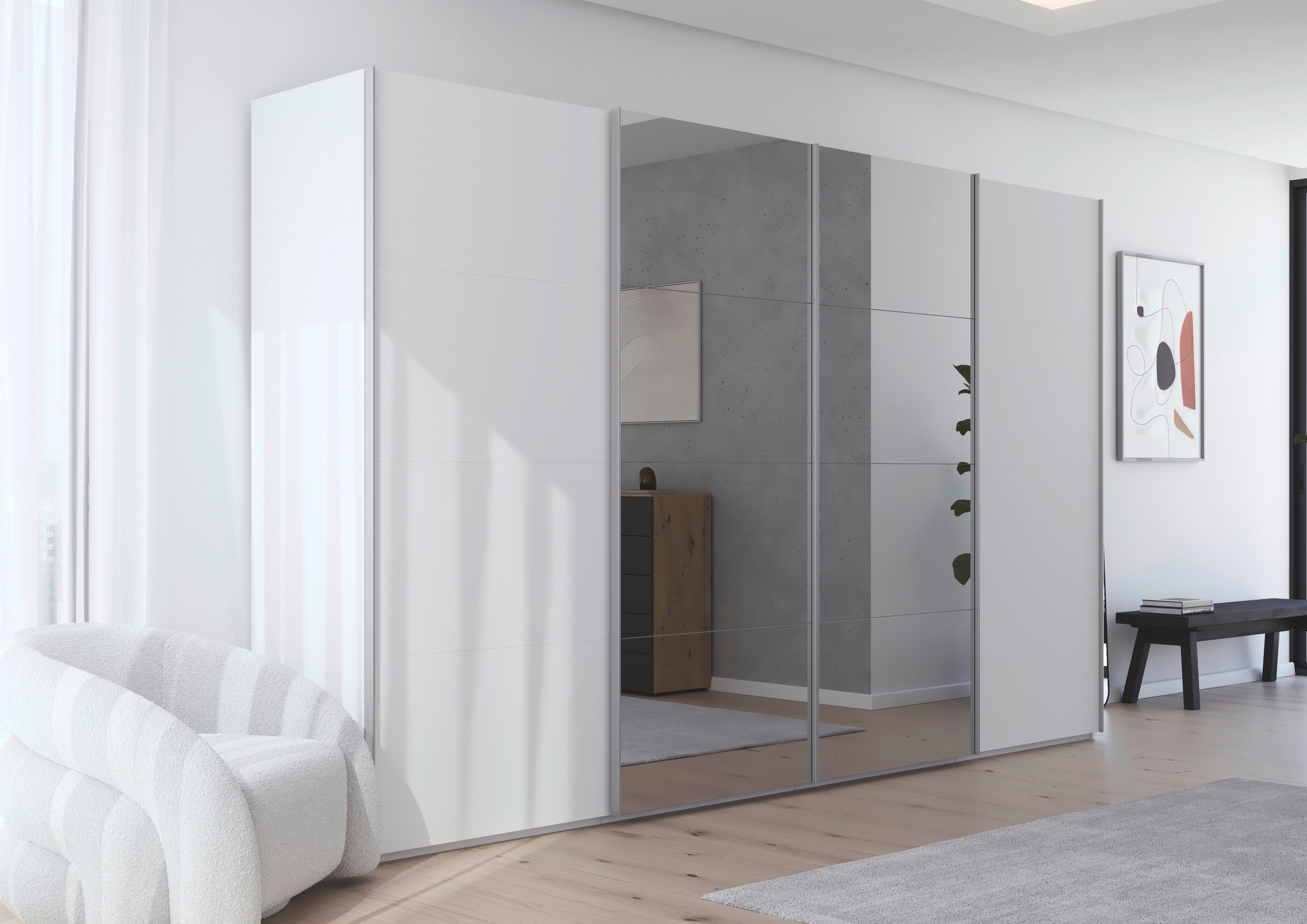 rauch Schwebetürenschrank »Kleiderschrank Schrank Garderobe Schlafzimmerschrank SCALE-FYRA«, edle viergeteilte Türen mit Spiegel und vielen Farben MADE IN GERMANY