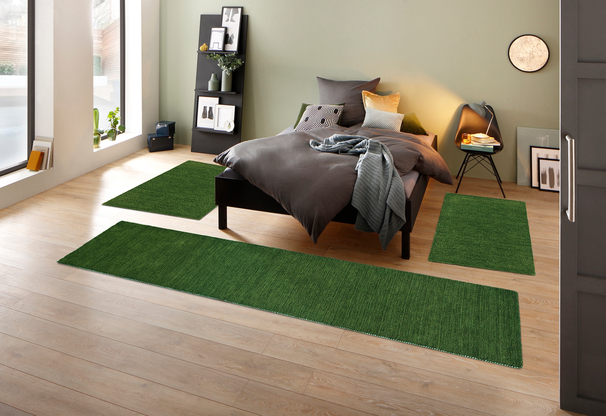 THEKO Bettumrandung »Gabbeh Uni, Handweb Teppich, meliert, reine Wolle« Höhe 14 mm 3 Stk. tlg. Bettvorleger, Uni-Farben, handgewebt, Läufer-Set, Schlafzimmer