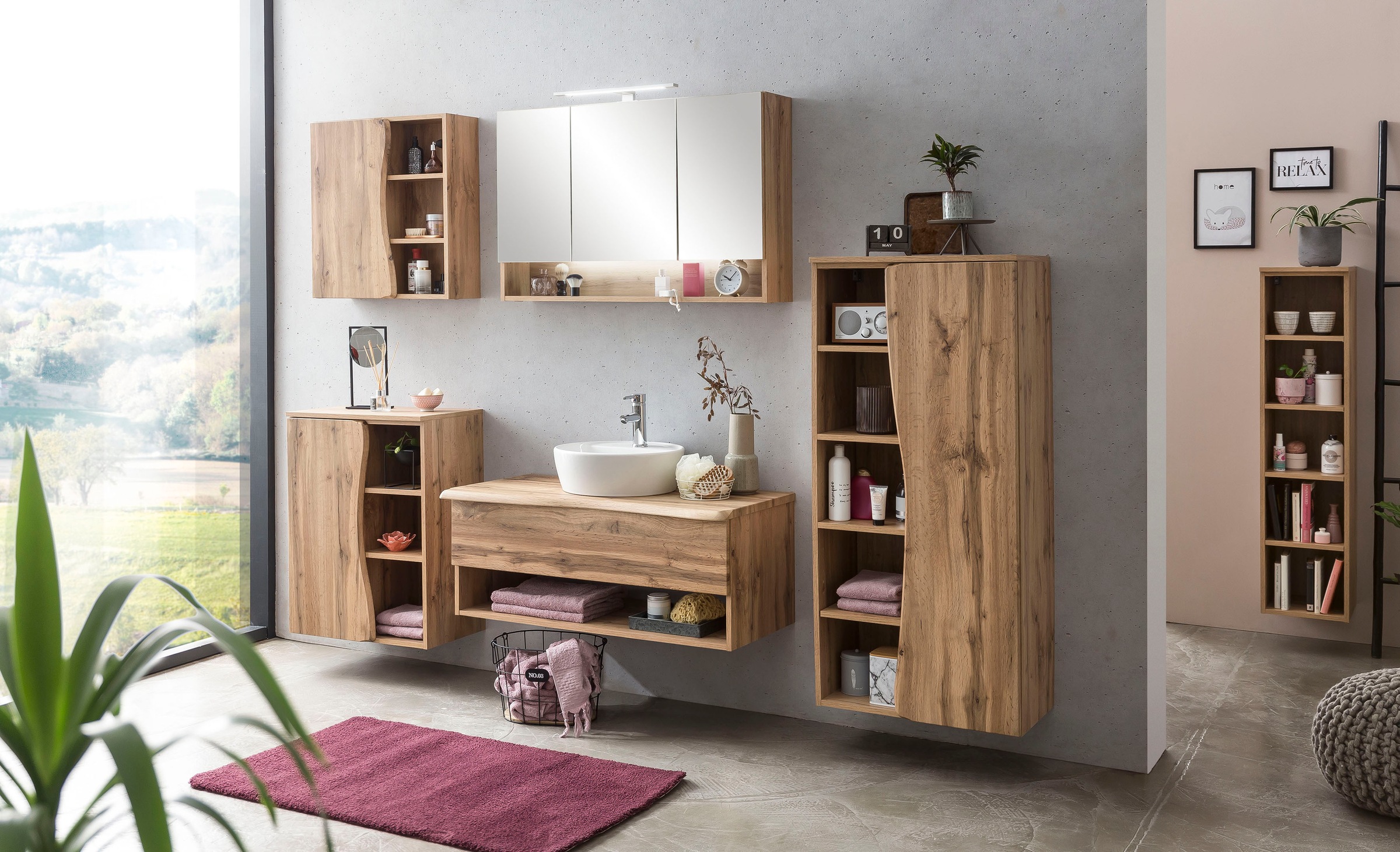 welltime Waschbeckenschrank »Stubach«, Bad, Abdeckplatte mit Baumkante, Breite 100 cm