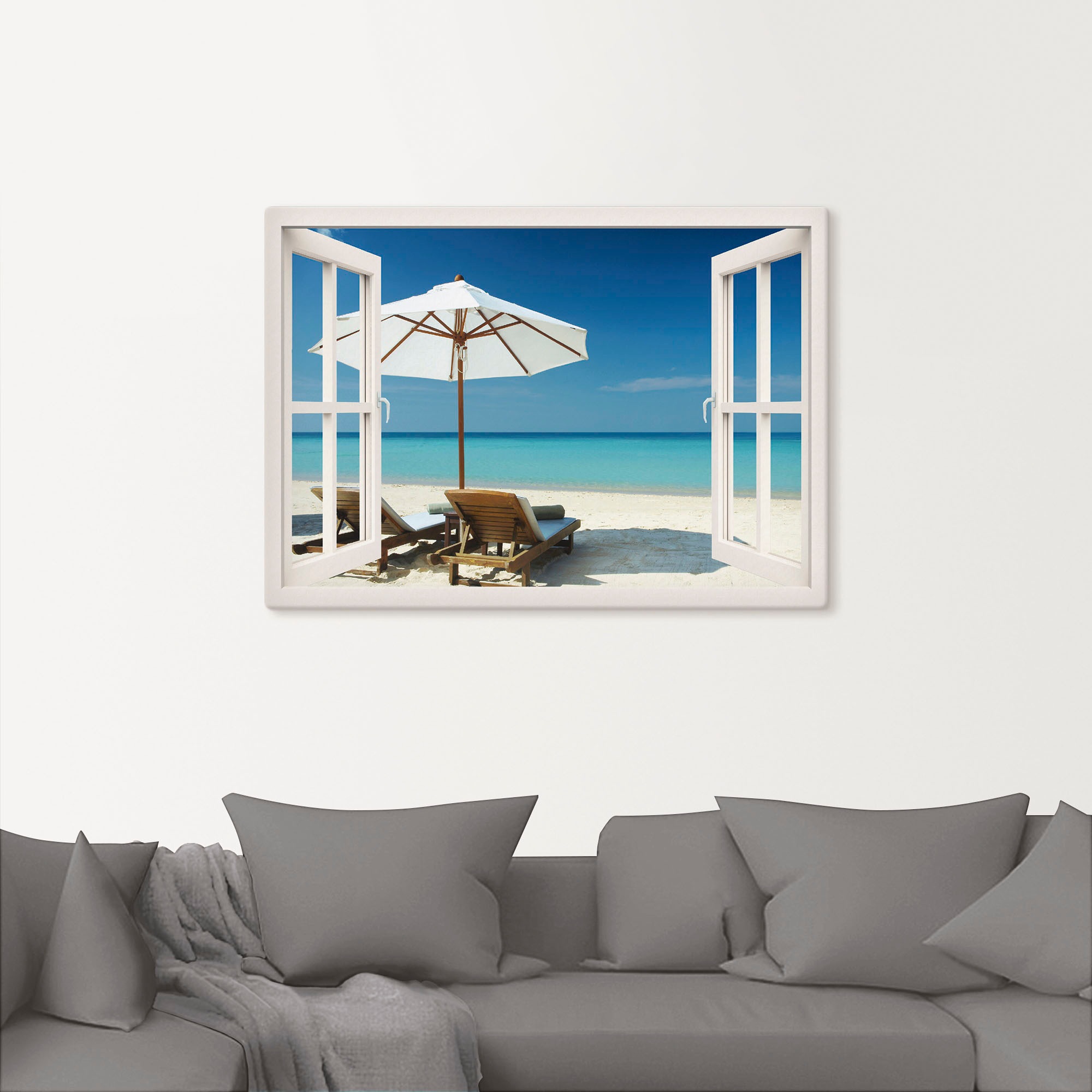Artland Wandbild »Fensterblick - Zwei Liegestühle«, Fensterblick, (1 St.), als Leinwandbild, Wandaufkleber in verschied. Größen
