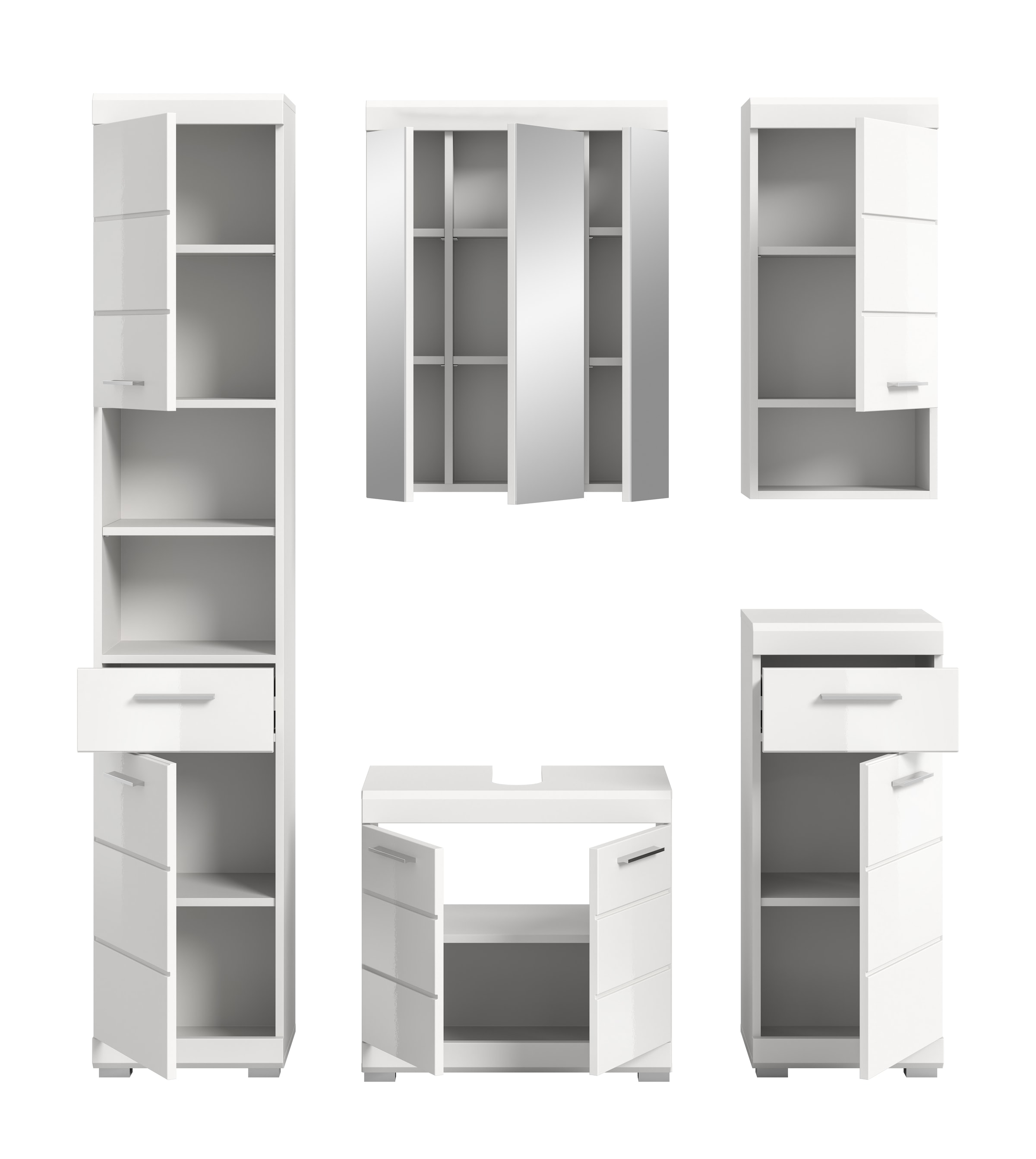 INOSIGN Badmöbel-Set »Siena, 5 teilig, bestehend aus:«, (Set), Hochschrank, WBU, Spiegelschrank, Unterschrank, Hängeschrank