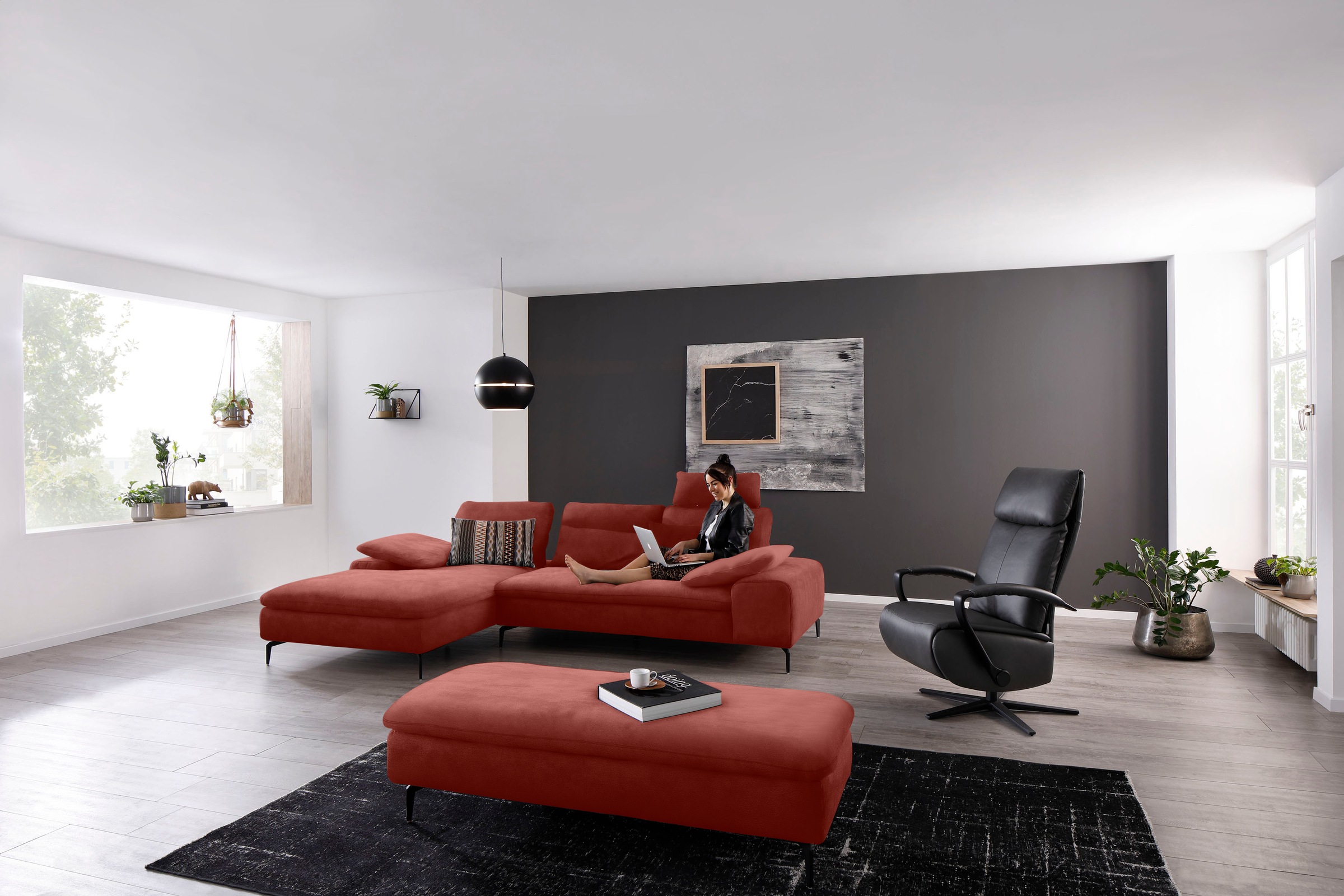 W.SCHILLIG Ecksofa »valentinoo, Designsofa, bequem, elegant und zeitlos, L-Form«, (Set), inklusive Hocker, mit Sitztiefenverstellung, Breite 299 cm