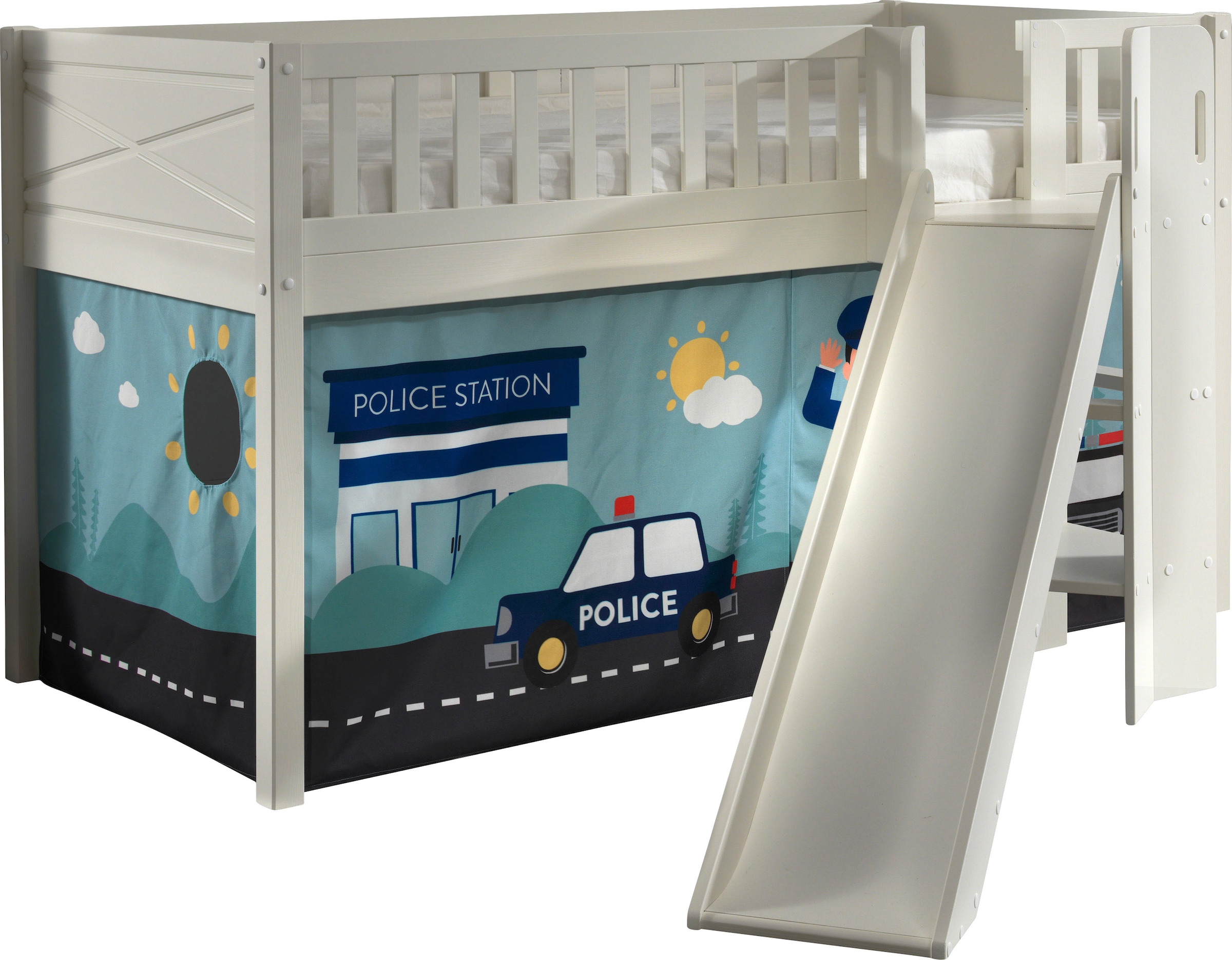 Hochbett VIPACK, B:203,7cm H:114cm L:207,6cm, weiß, 100% Polyester, Jugendzimmer, Hochbetten, "Scott", mit Rutsch-/Leiterturm, LF 90x200 cm, inkl.