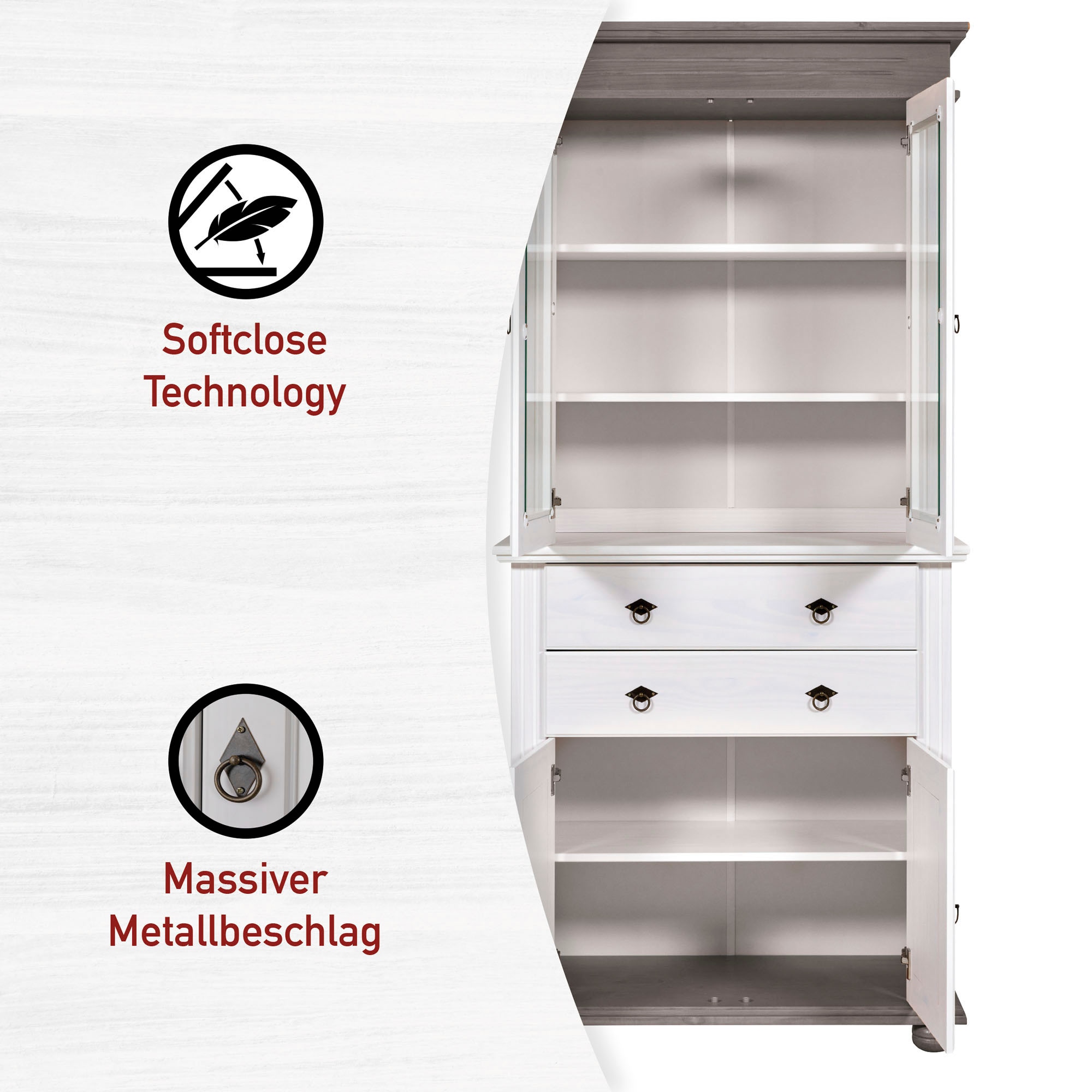 Inter Link Vitrine »Halmaro, Kiefer Massivholz, Weiss/Grau-Lava, 101 x 46,30 x 220 cm« 1 Stk. tlg. Buffet im Laudhausstil, Küchenschrank mit Glastüren, viel Stauraum
