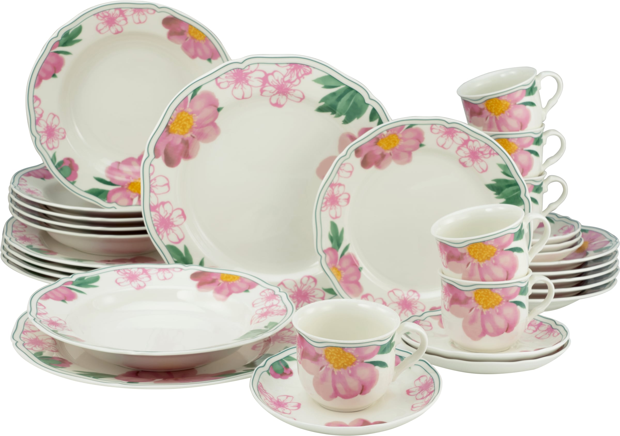 CreaTable Kombiservice »Geschirr-Set Rose«, (Set, 30 tlg., Kaffeeservice und Tafelservice im Set, für 6 Personen), Service, Premium-Porzellan, Made in Europe, 30 Teile, für 6 Personen