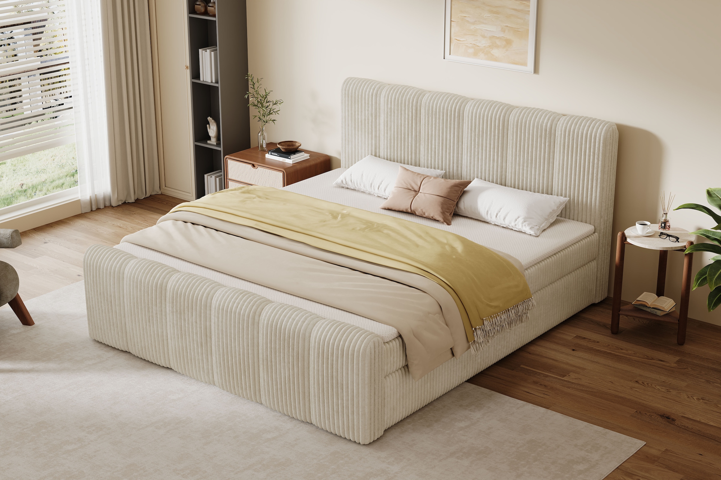 OTTO home Boxbett »SIVVA in der Breite 180cm, flauschiger Breitcord, Farbe: cream« inkl. Taschenfederkernmatratze (H3) & Topper (4cm) & Fußteil