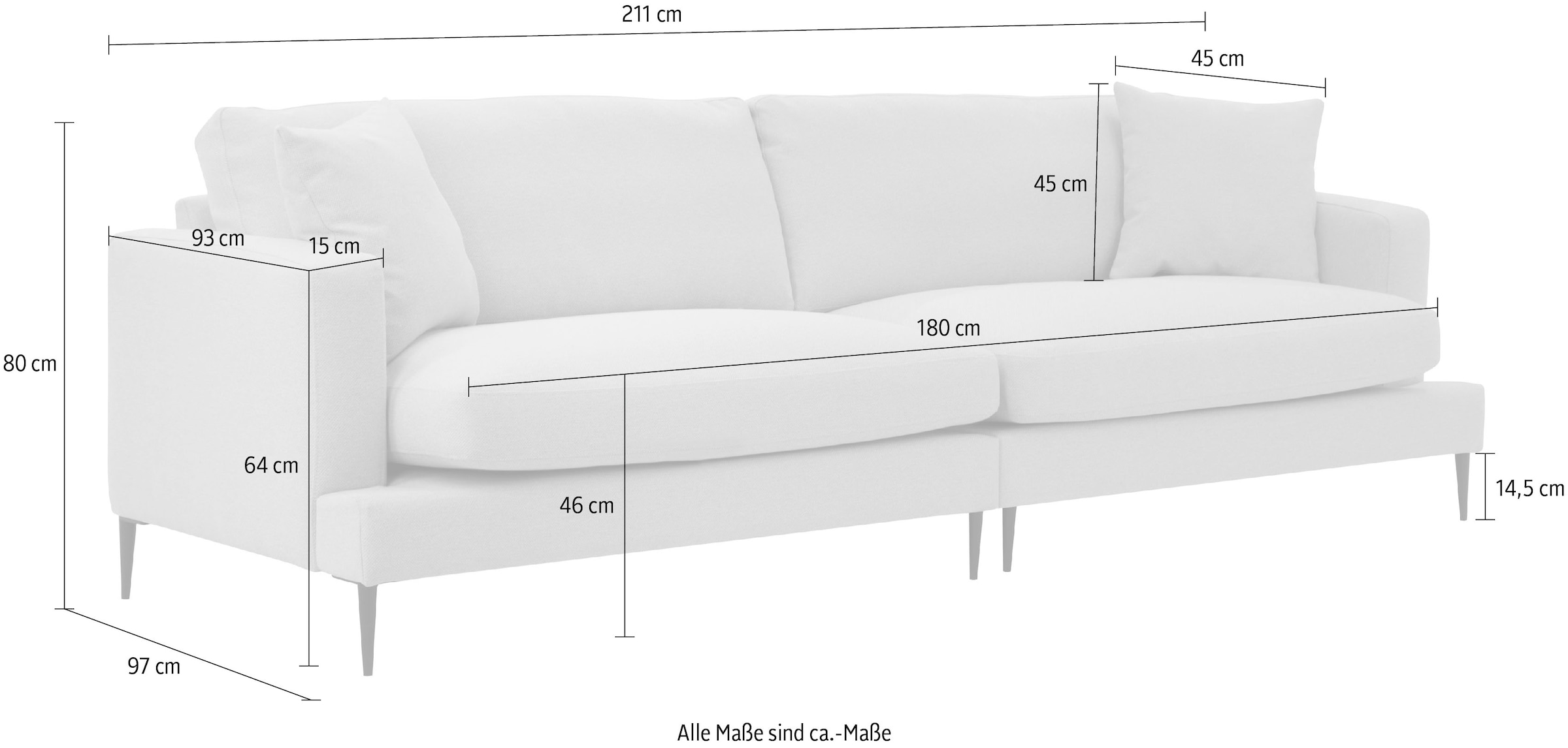 Leonique 3-Sitzer »Cozy elegantes Designsofa, Maße B/T/H: 211/97/80 cm«, mit losen Kissen und Metallbeinen