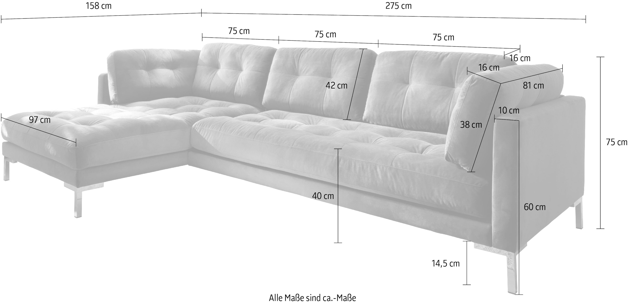 Trends by HG Ecksofa »Landau L-Form«, in Cord-Stoff mit Metallfuß