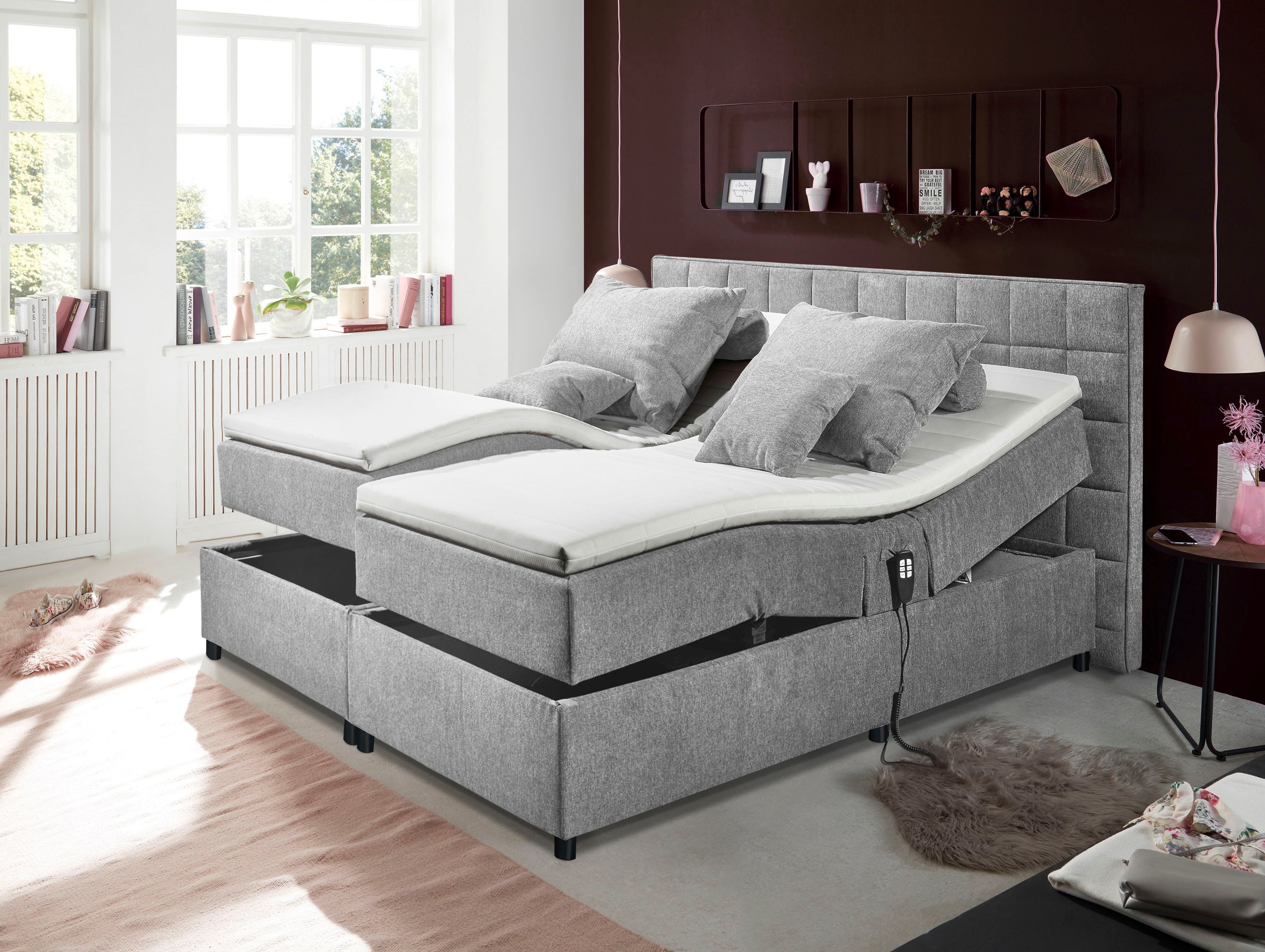 Boxbett ED EXCITING DESIGN "Mariborsko", grau (grau 90 silber), B:202cm L:210cm, 100% Polyester, Komplettbetten, Boxspringbett, inkl. Motor und Topper 3