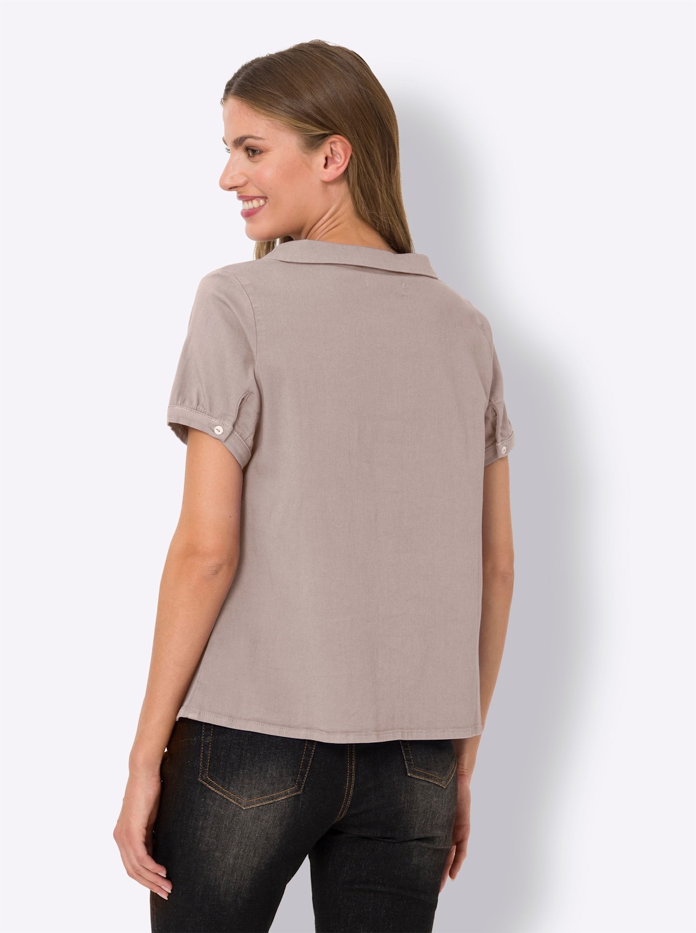 Kurzarmbluse HEINE, Damen, Gr. 40, beige (sesam), 98% Baumwolle, 2% Elasthan, unifarben, Rundhals, Blusen 3