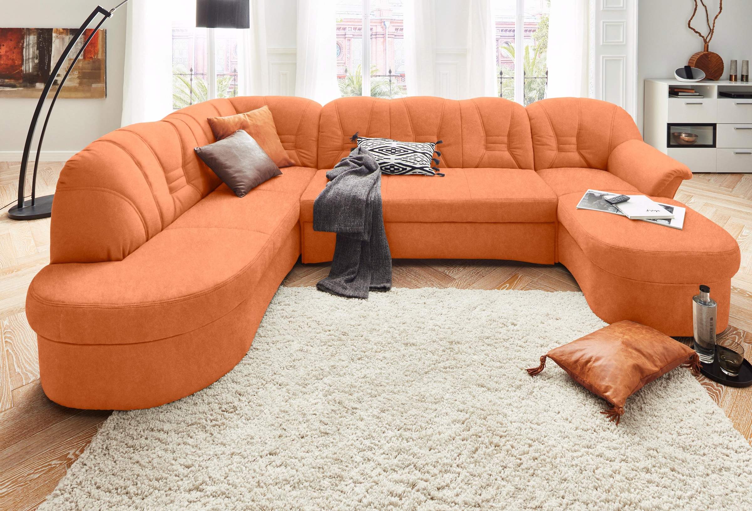 DOMO collection Wohnlandschaft "ELVA 293x180x84 cm, elegante Rückensteppung, U-Form" whlw. mit Bettfunktion und Federkern