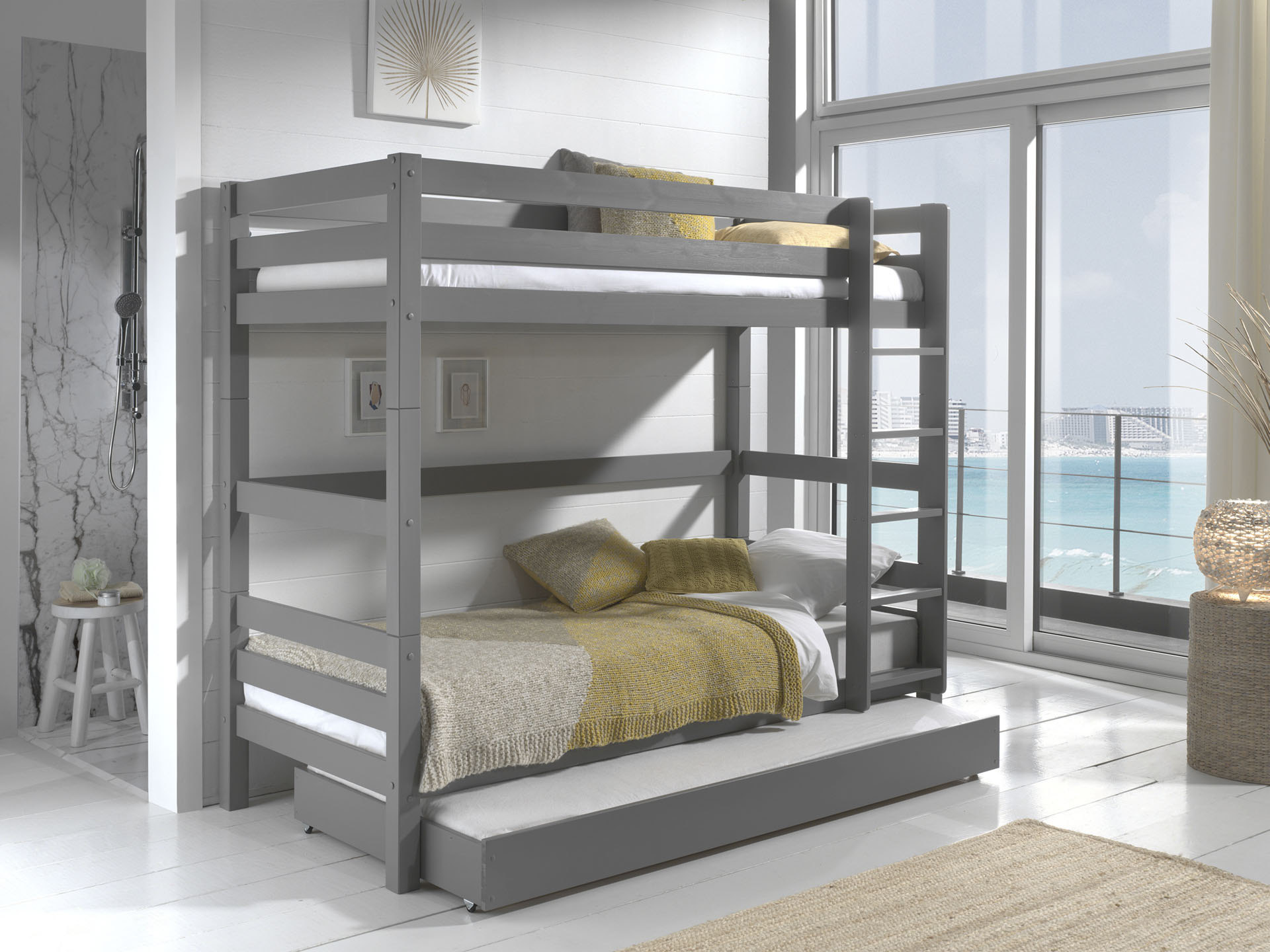 Vipack Etagenbett "Pino, inkl. Rolllattenrost, Leiter und Absturzschutz" B/H/T ca. 210x182x105cm, massiv Kiefer verschiedene Farben, wahlweise ohne Schublade, mit 1 großen, 2 kleinen Bettschubladen