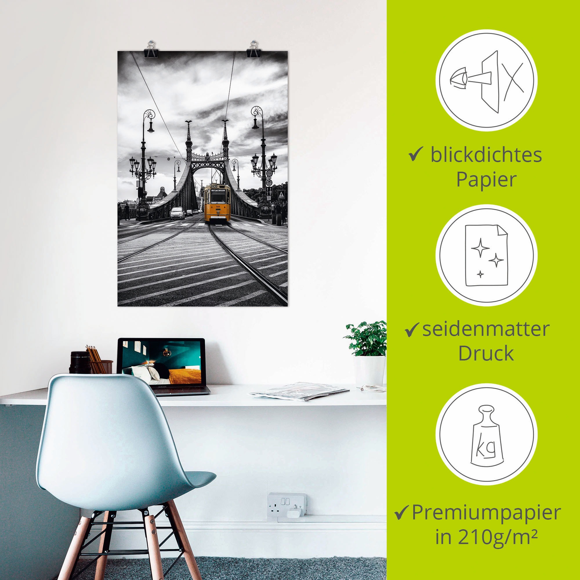 Artland Alu-Dibond-Druck »Budapest Freiheitsbrücke Straßenbahn«, Zugbilder, (1 St.), für Innen- und Außenbereich geeignet, Outdoorbild