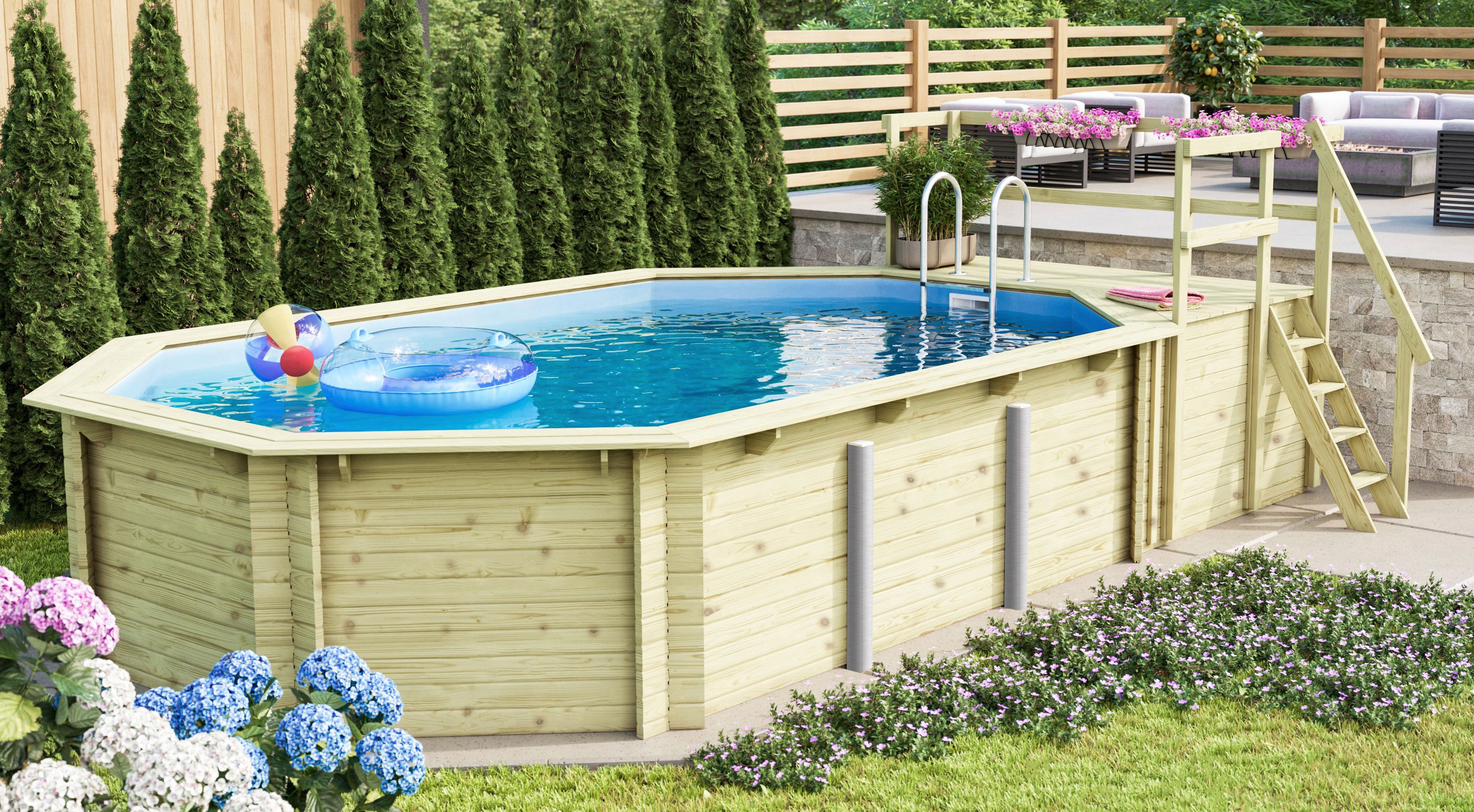 Karibu Achteckpool "PALMA Set C BxLxH: 358x569x124 cm, mit Sonnendeck und Eck-Terrasse" 38 mm starkes kesseldruckimprägniertes Fichtenholz