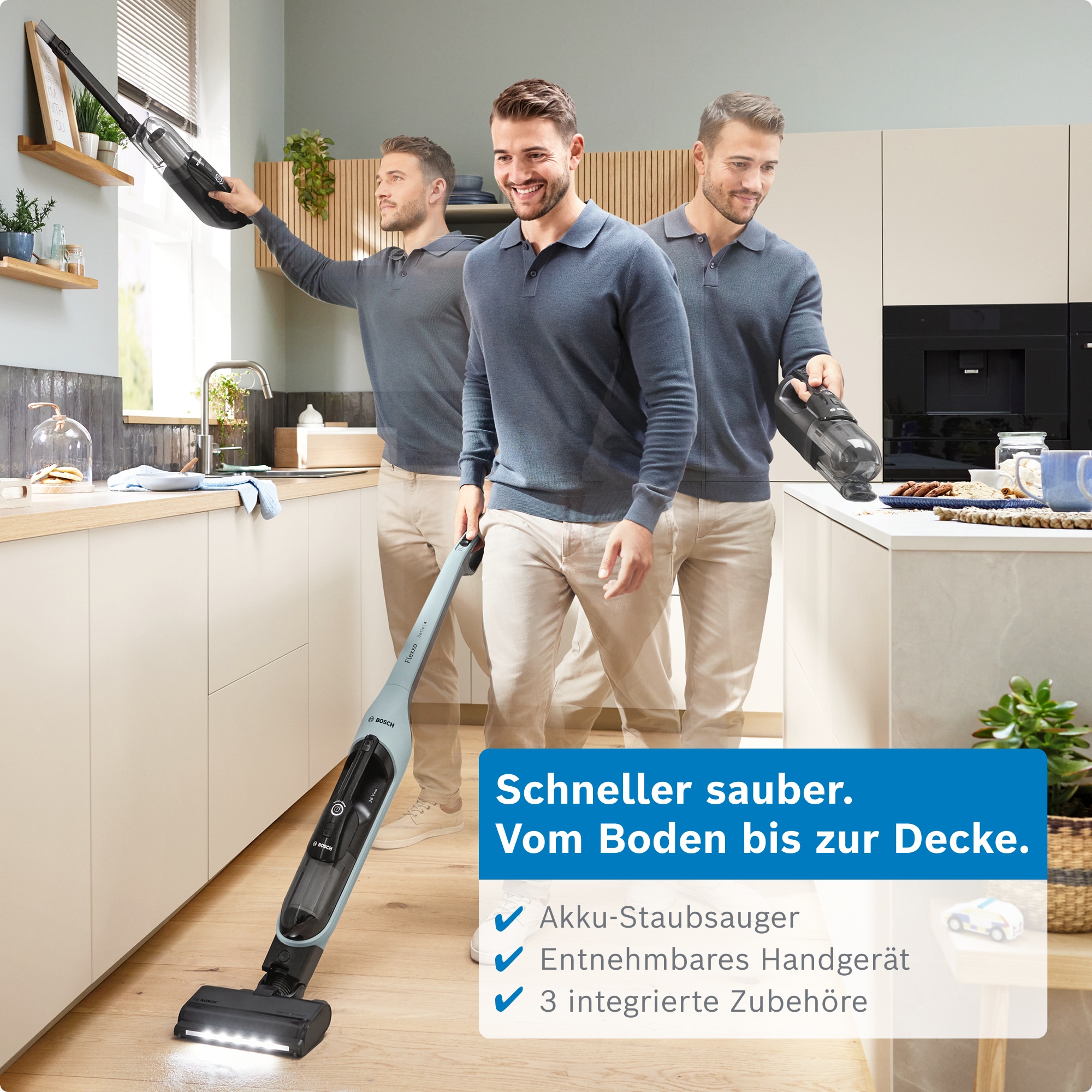 BOSCH Akku-Stielstaubsauger »Flexxo Serie 4 BCH4FM28/BCH4SM28, 2in1 Akku-Staubsauger, freistehend« kabellos, integriertes Zubehör, beutellos, 60 Min. Laufzeit