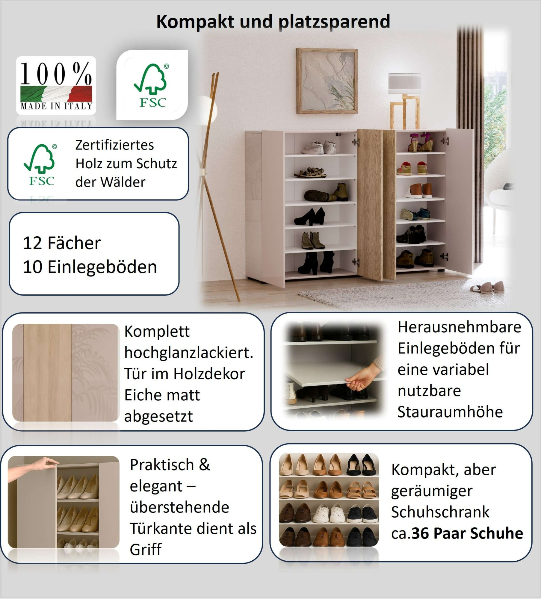 INOSIGN Schuhschrank »LADY, Schuhkommode,Schuhmöbel,Schuhablage,Schuhregal« 10 Einlegeböden,12 Fächer,ca. 36 Paar Schuhe-Maße: B/T/H:160x34x115 cm
