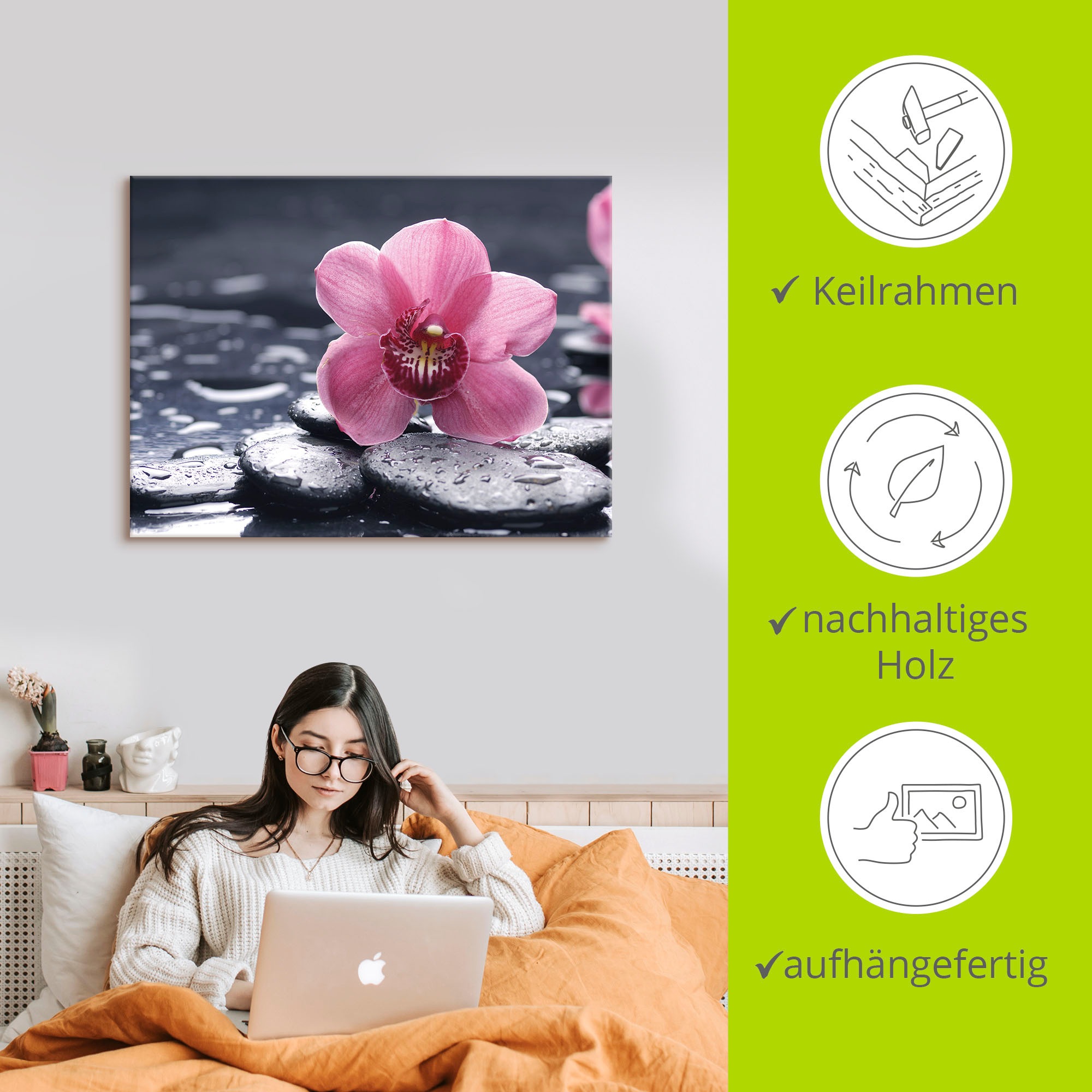 Artland Wandbild »Stillleben mit Kiesel und einer Orchidee«, Blumen, (1 St.), als Alubild, Outdoorbild, Leinwandbild, Poster, Wandaufkleber