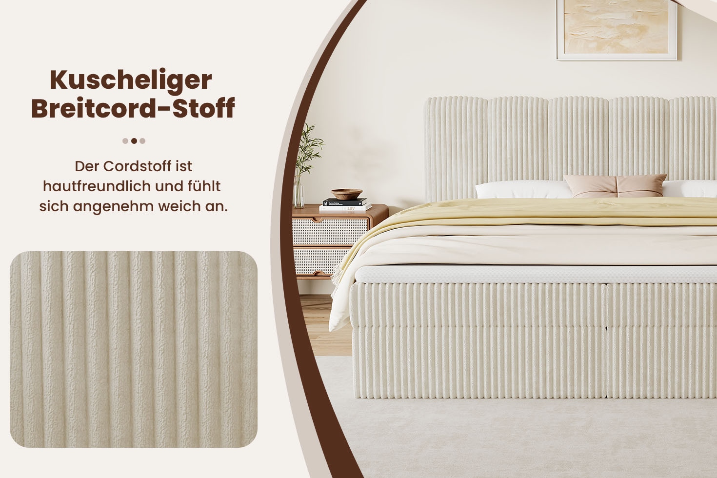 OTTO home Boxbett »SIVVA in der Breite 180cm, flauschiger Breitcord, Farbe: cream« inkl. Taschenfederkernmatratze (H3) & Topper (4cm)