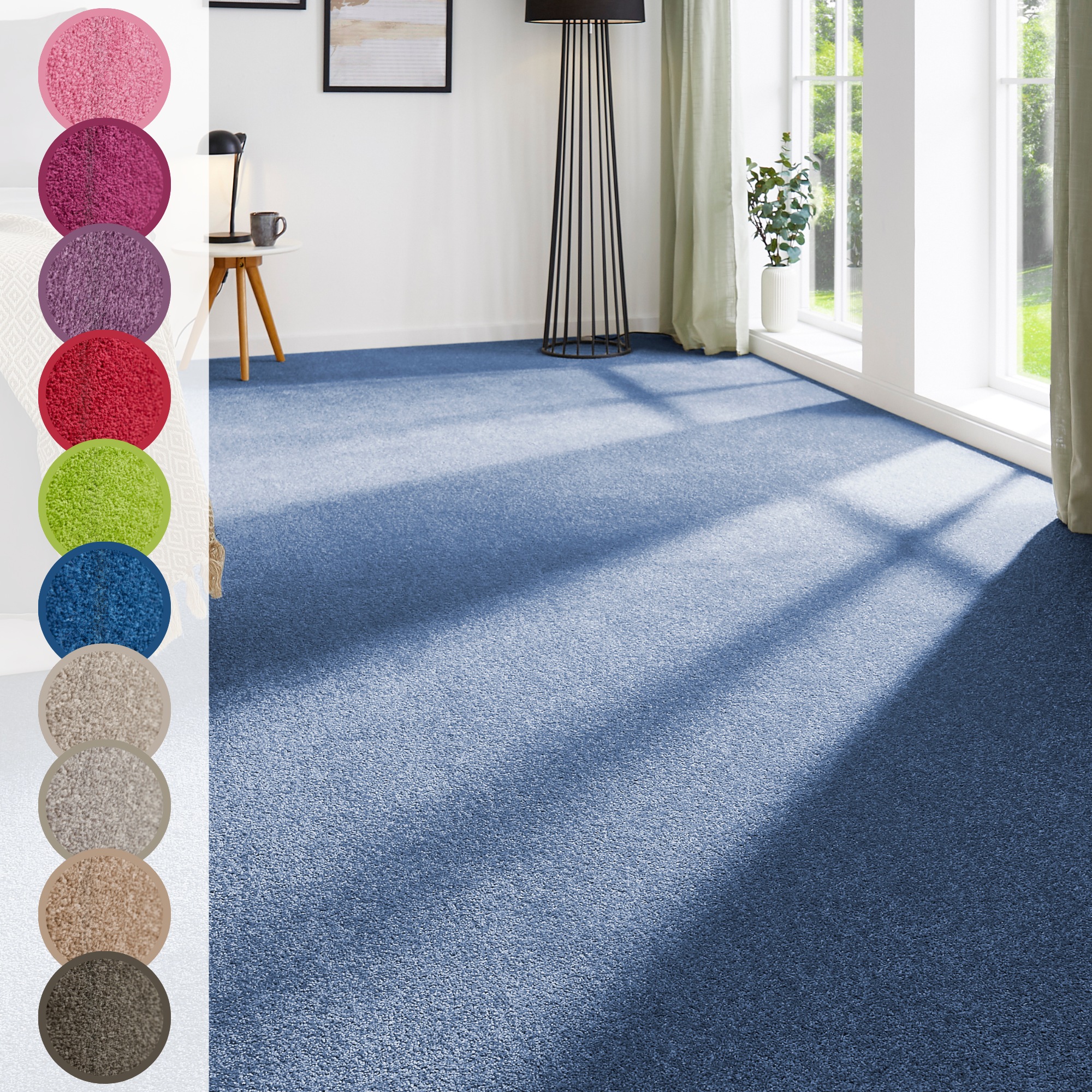 Teppichboden ANDIAMO "Ines, Kräuselvelours, Gesamthöhe 8,5 mm, Made in Netherlands", blau (dunkelblau), B:400cm L:450cm, Kunstfaser, Teppiche, Uni Farben, Breite 400 cm, strapazierfähig & pflegeleicht