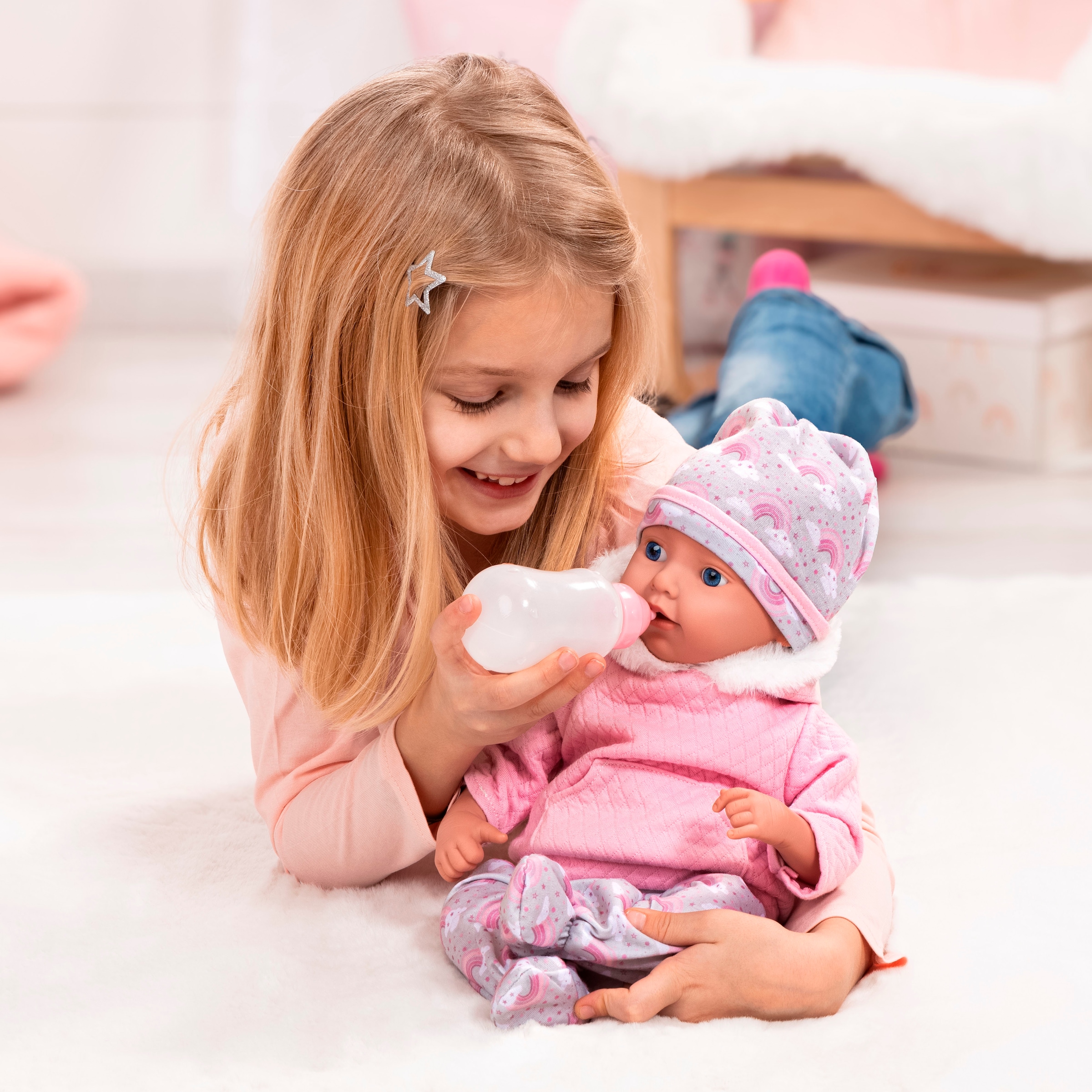 Bayer Babypuppe »Reborn Baby, 38 cm Regenbogenmuster«, (4 tlg.)
